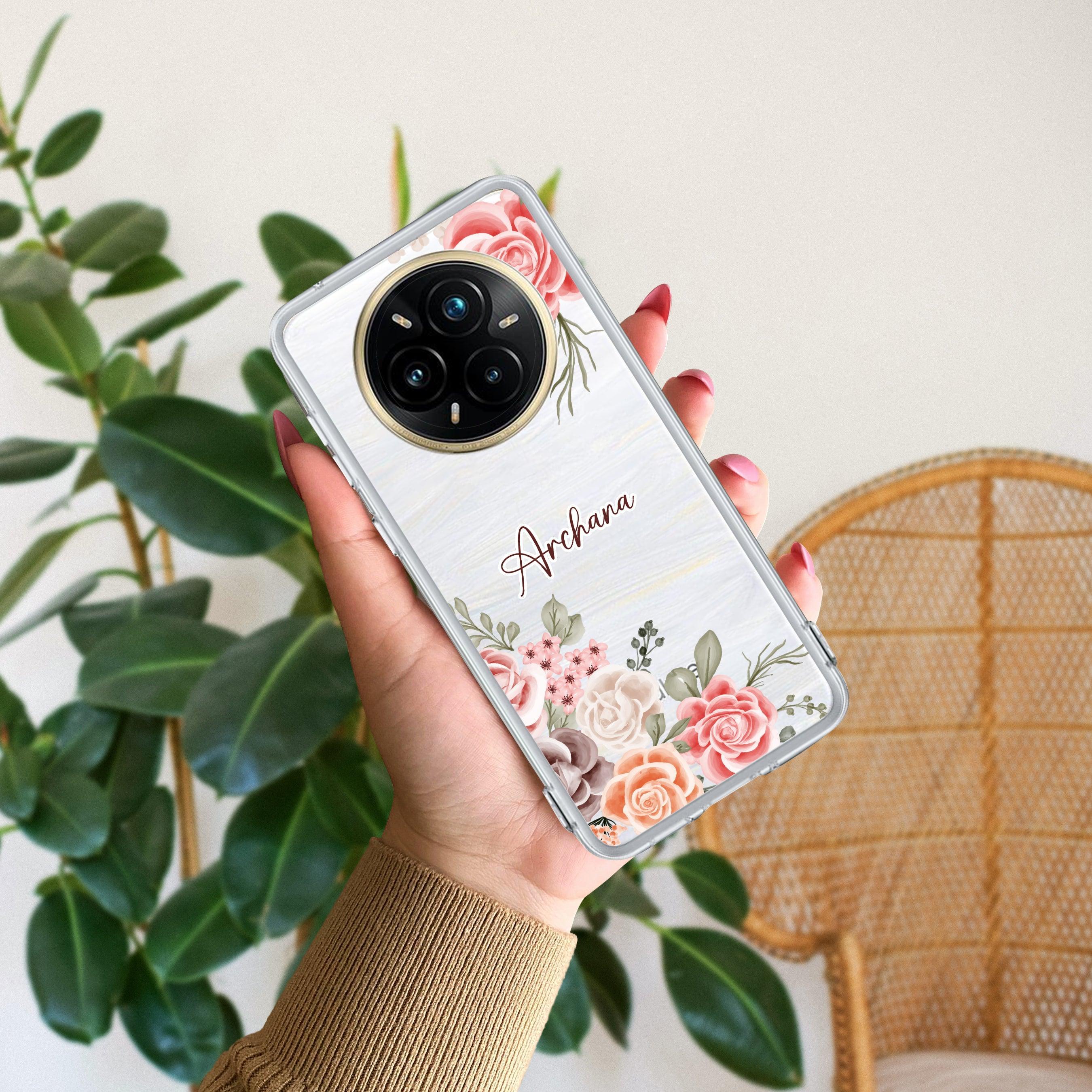 Pink Floral Transparent Silicon Case For Realme 12 Plus 5G