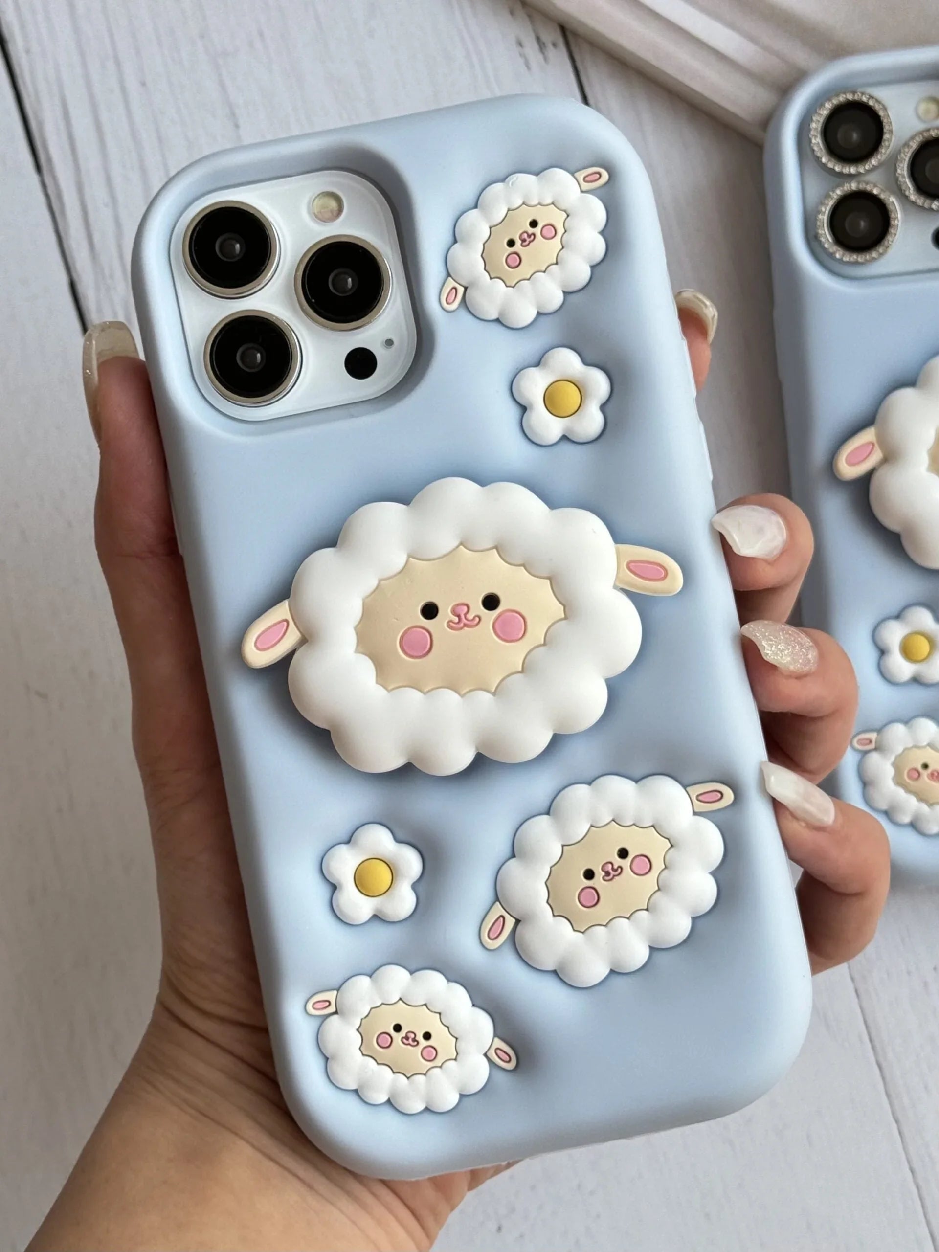 3D Cartoon Sheep Flock Case Funda Cotton Candy Cloud Pop Back Case with Holder - ShopOnCliQ