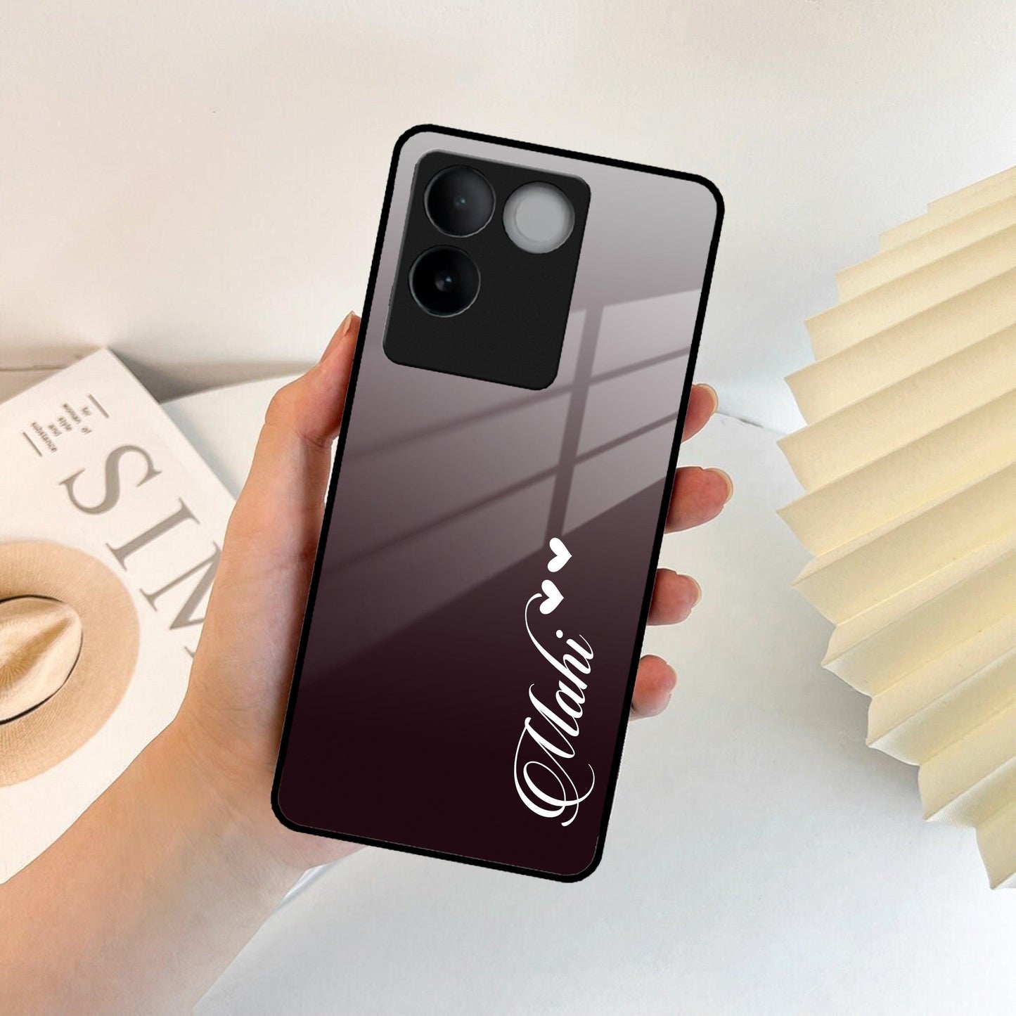 Customize Name Gradient Glass Case Cover Grey For iQOO