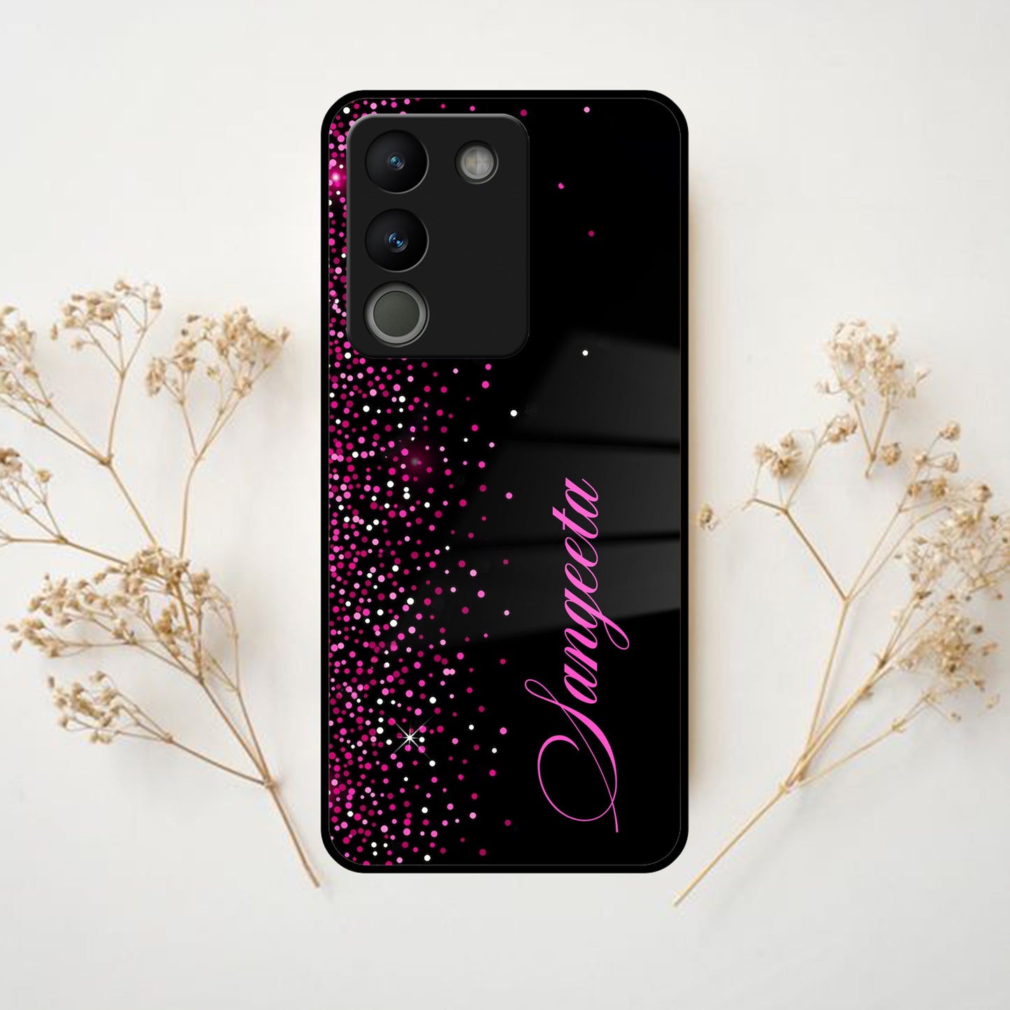 Pink Glitter Customize Glass Case Cover For Vivo