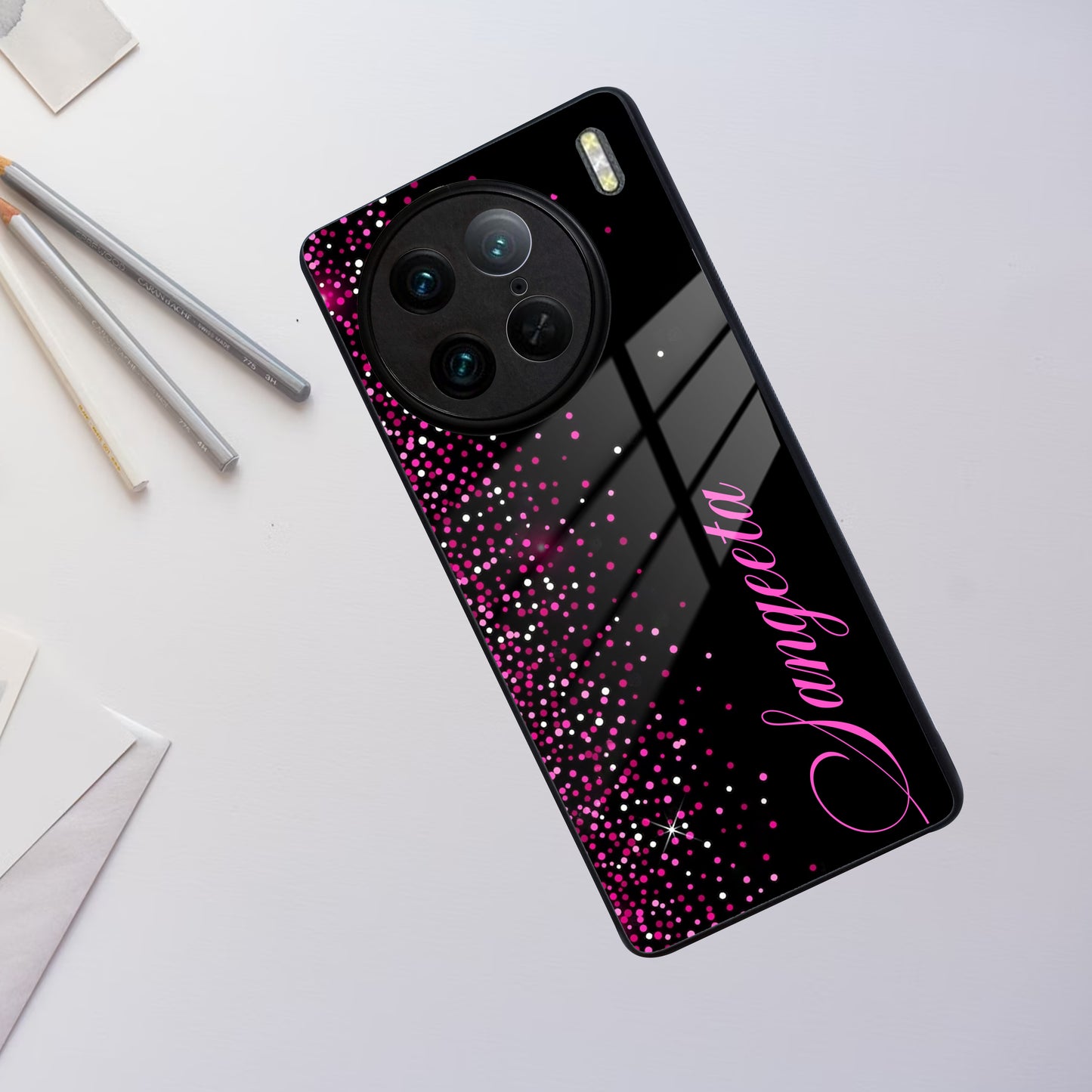 Pink Glitter Customize Glass Case Cover For Vivo