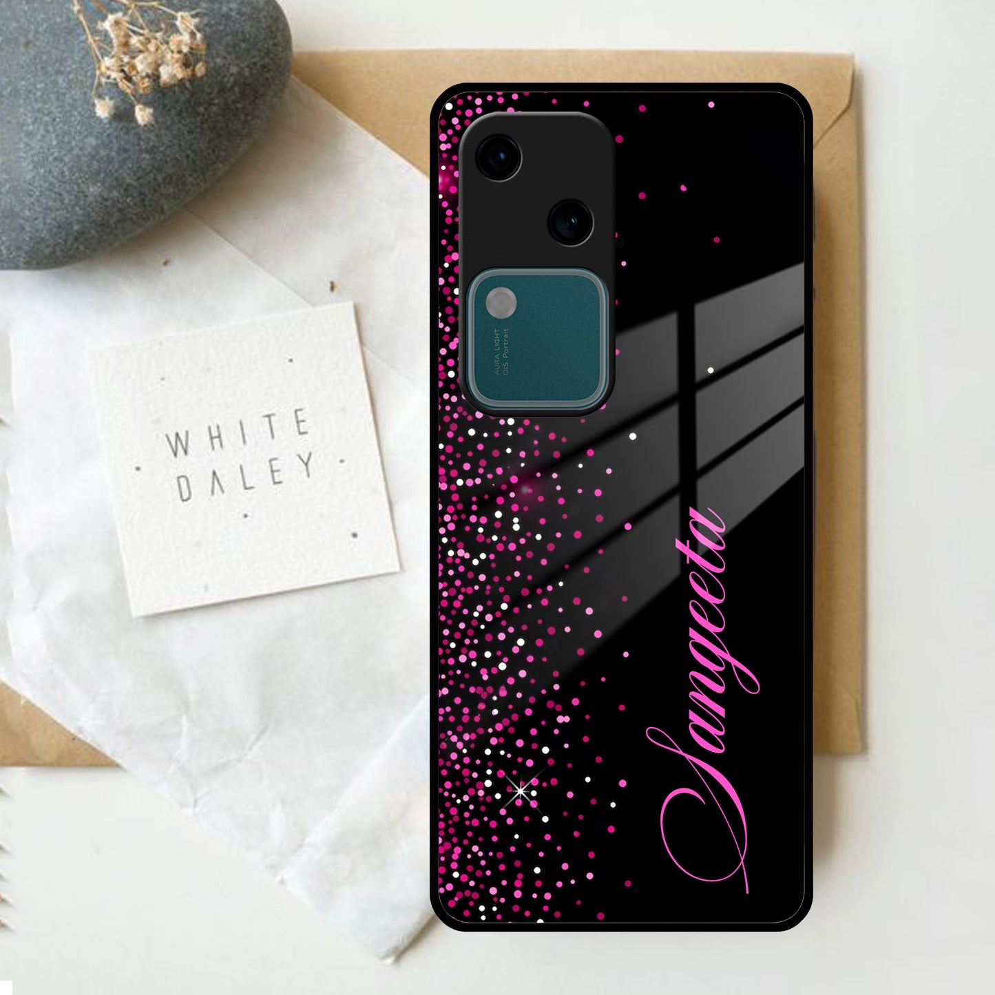 Pink Glitter Customize Glass Case Cover For Vivo