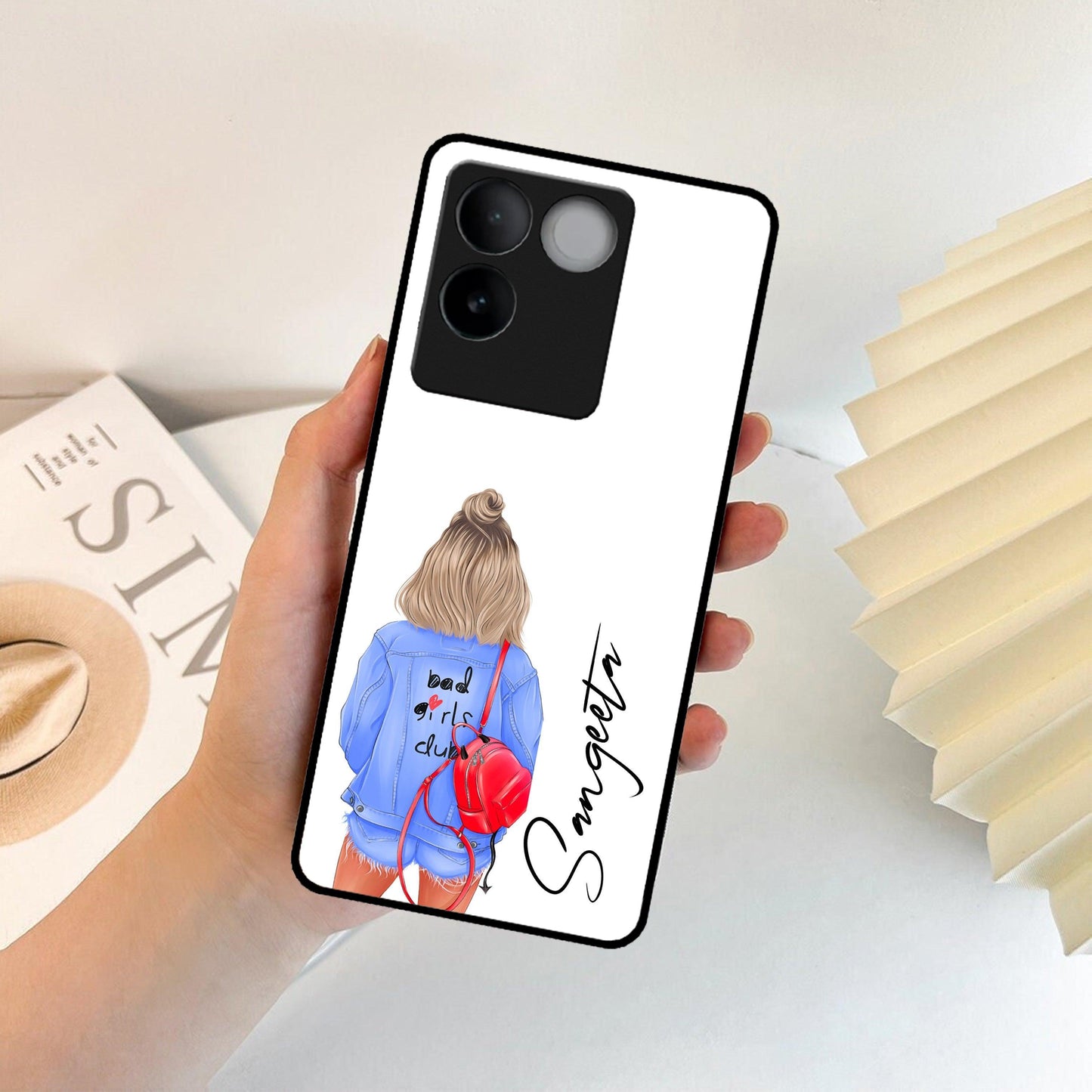 Bag Girl Customize Name Glass Case For iQOO