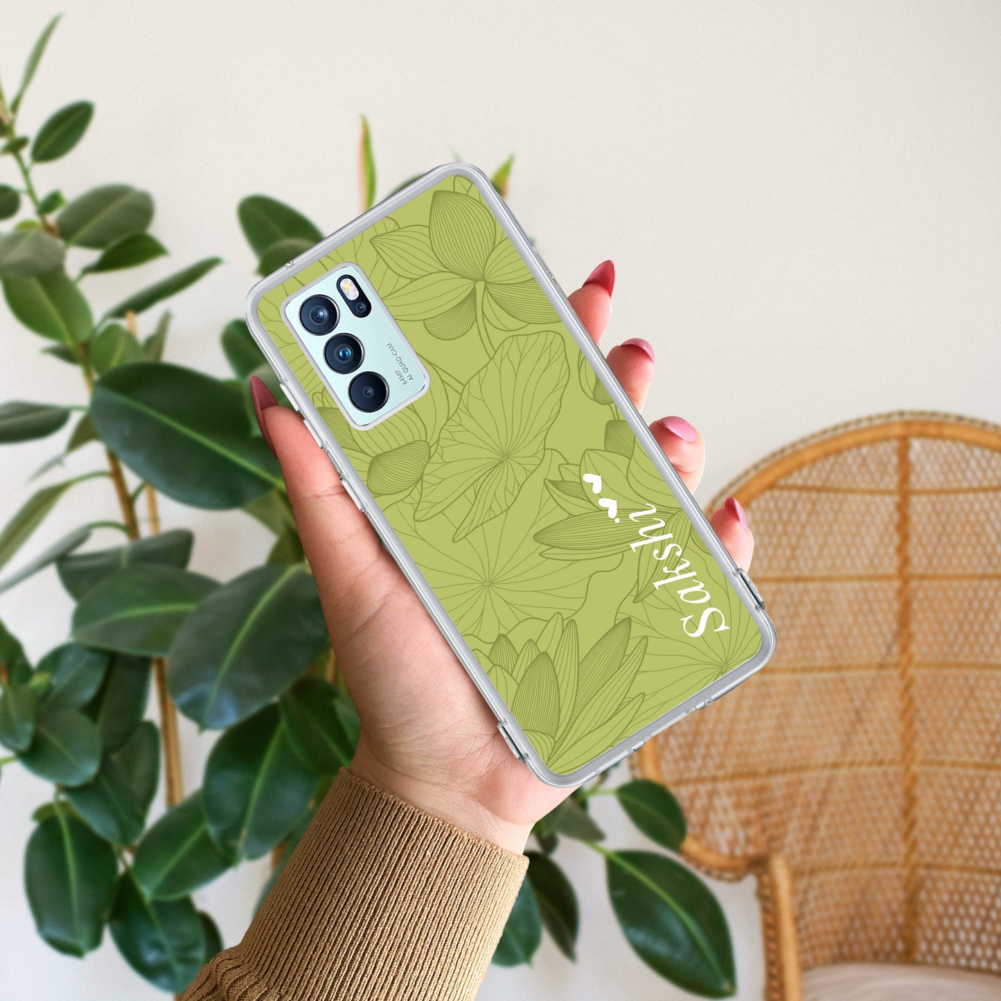 Customized luxury Mint Green leaves Transparent Silicon Case For Oppo