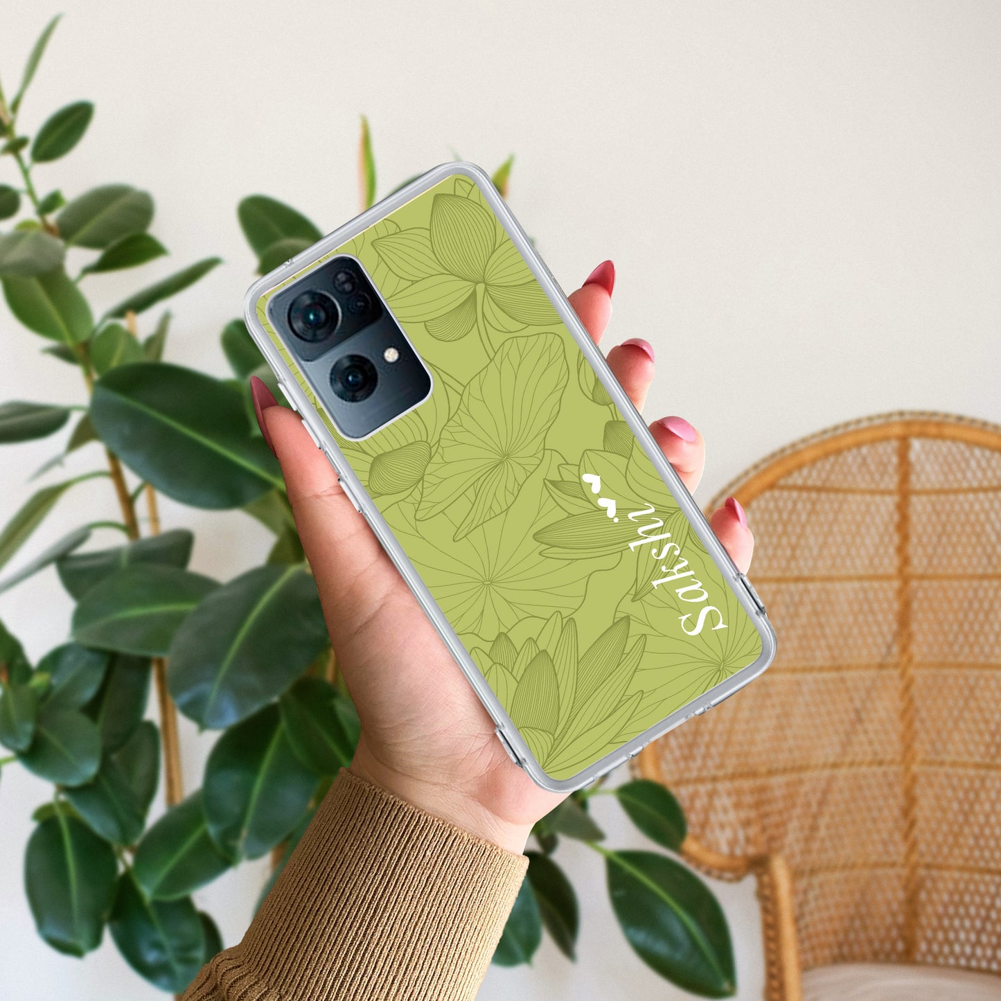 Customized luxury Mint Green leaves Transparent Silicon Case For Oppo