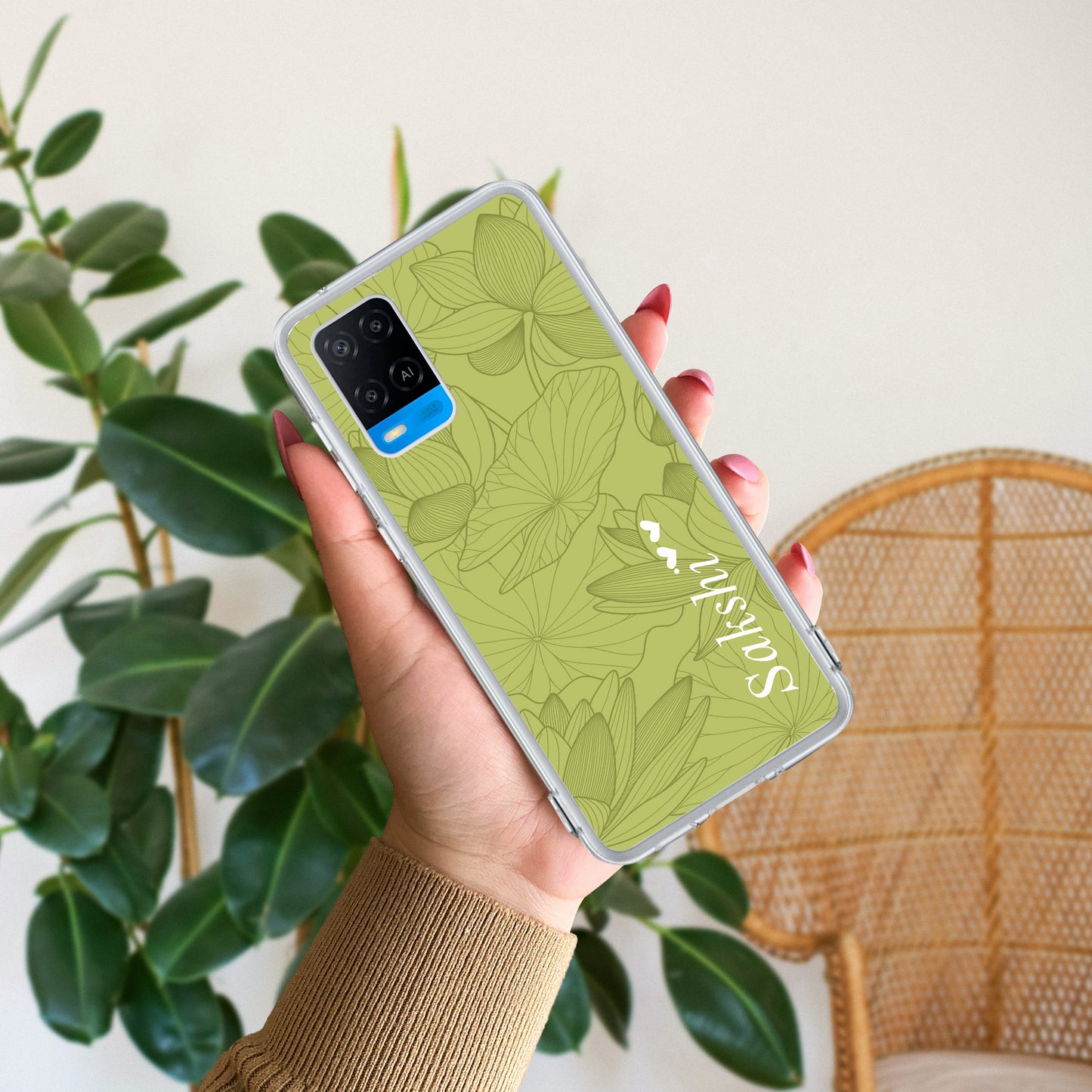 Customized luxury Mint Green leaves Transparent Silicon Case For Oppo