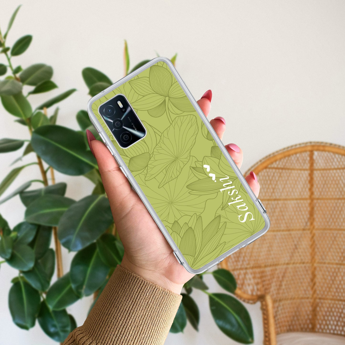 Customized luxury Mint Green leaves Transparent Silicon Case For Oppo