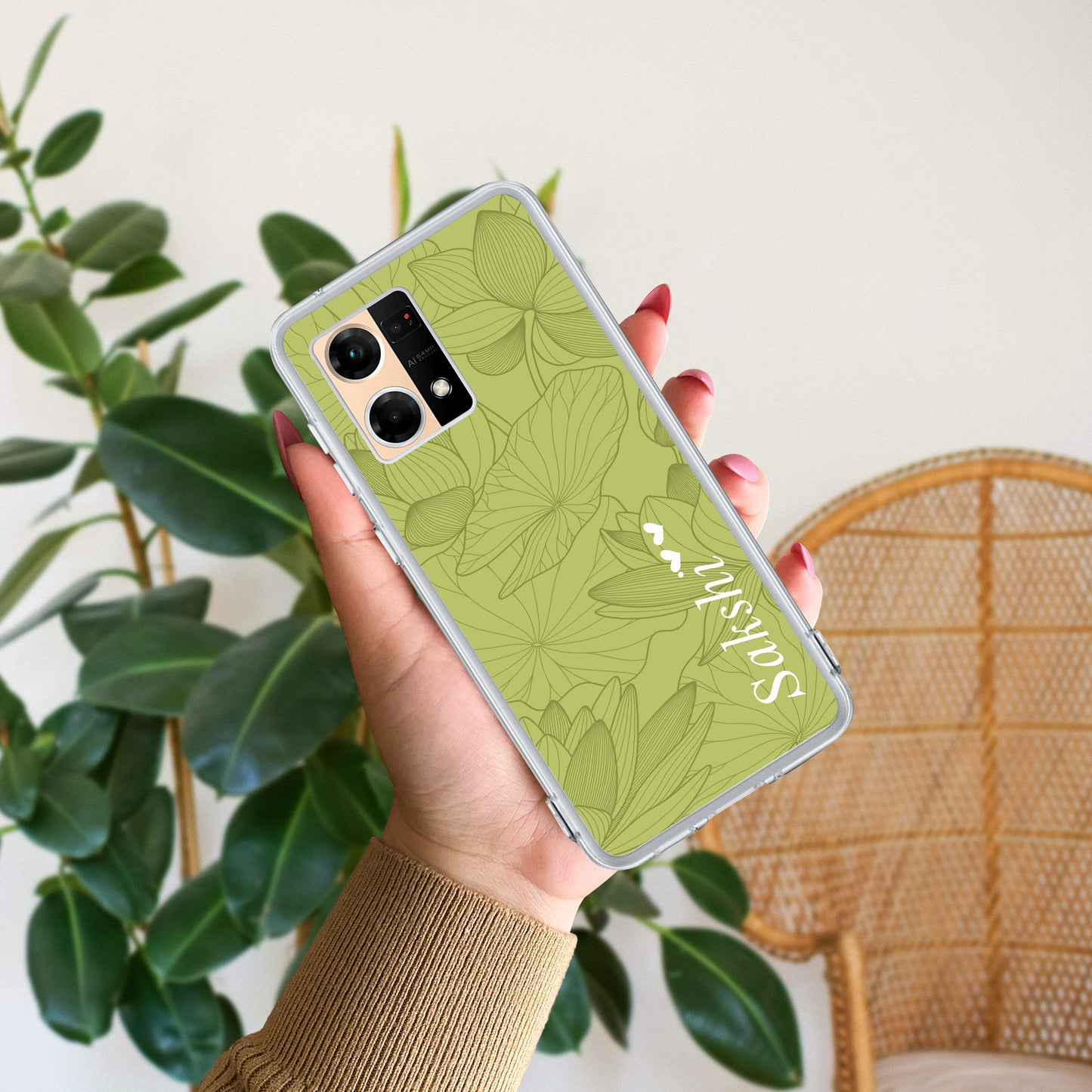 Customized luxury Mint Green leaves Transparent Silicon Case For Oppo