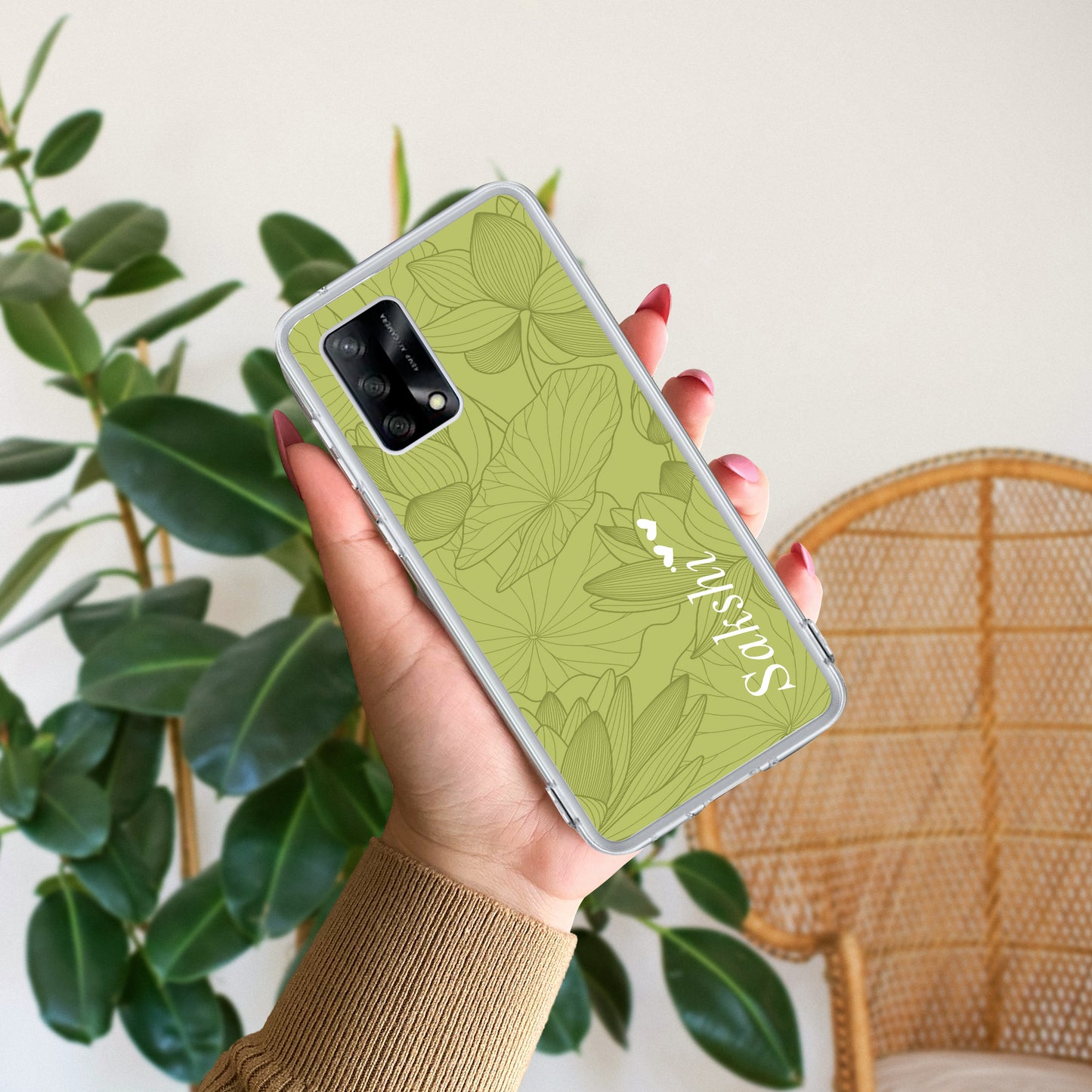 Customized luxury Mint Green leaves Transparent Silicon Case For Oppo