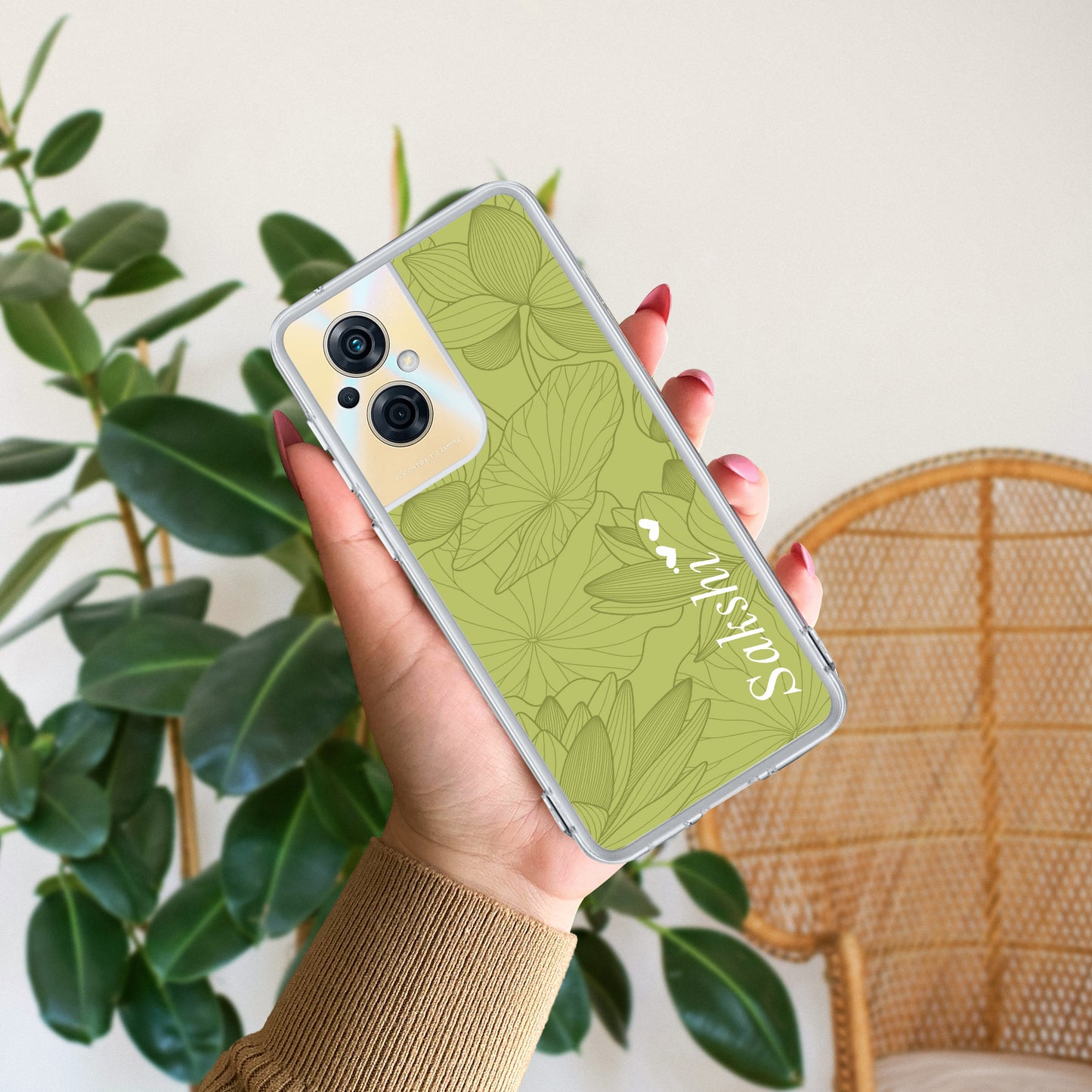 Customized luxury Mint Green leaves Transparent Silicon Case For Oppo