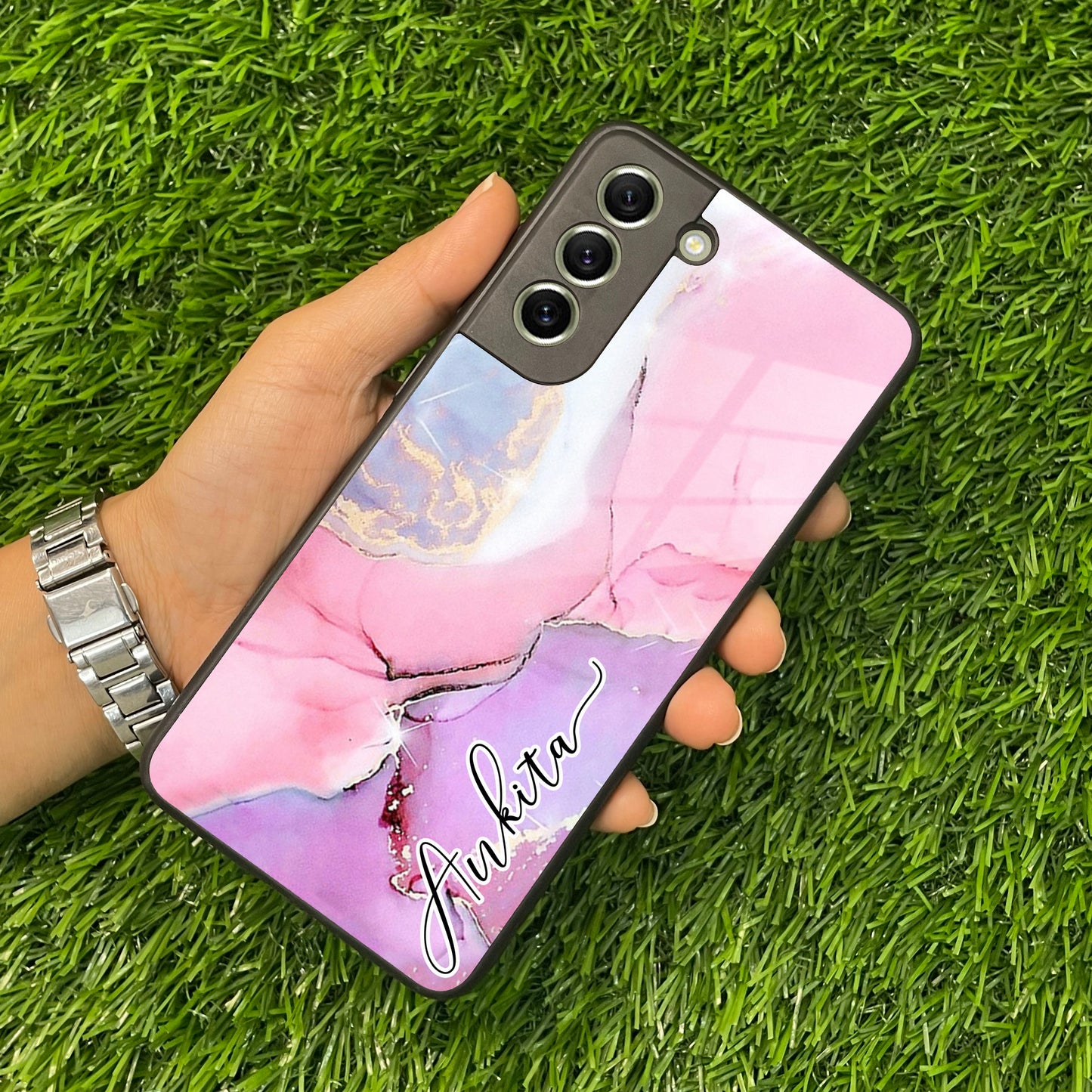 Pink Marble Glossy Metal Case Cover For Samsung