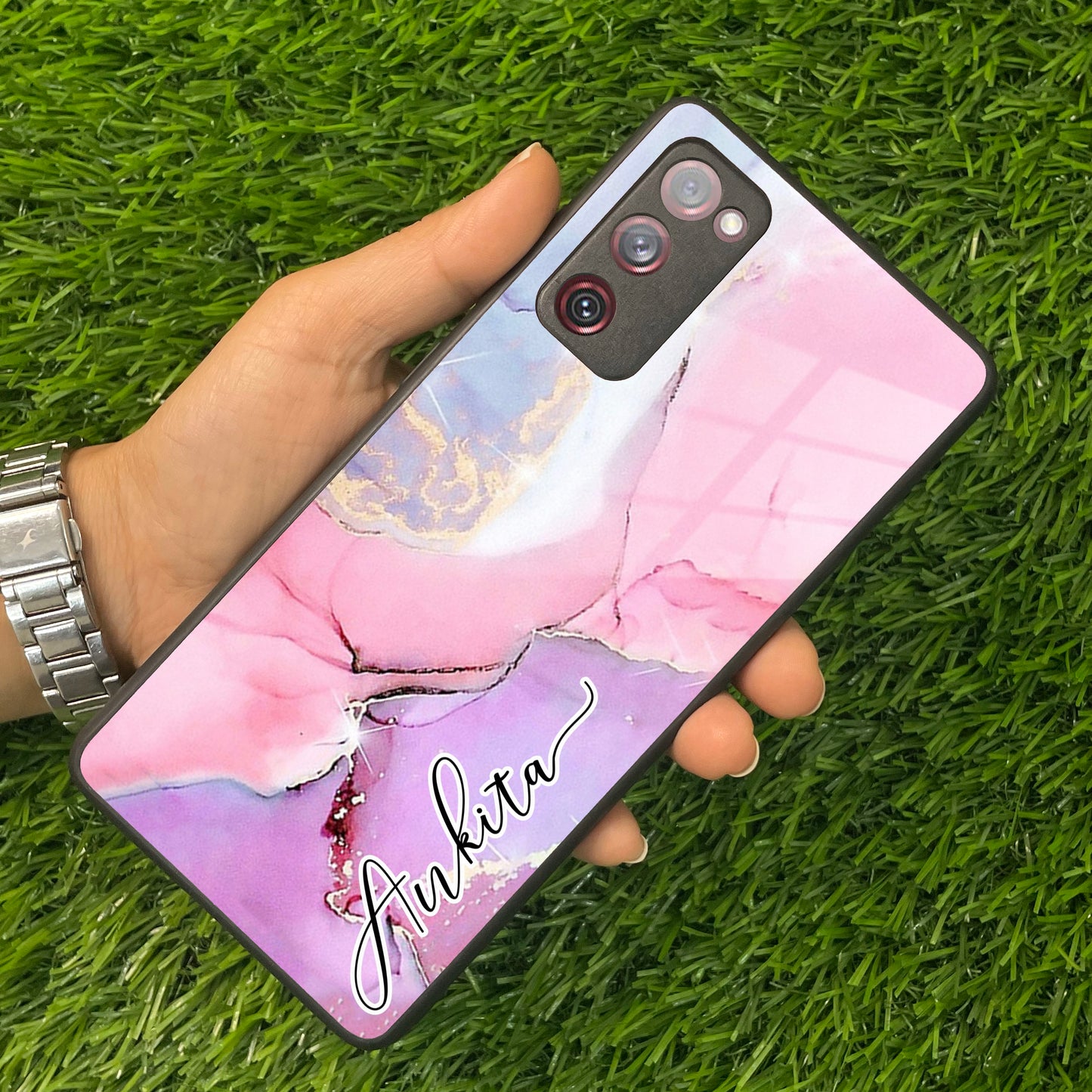 Pink Marble Glossy Metal Case Cover For Samsung