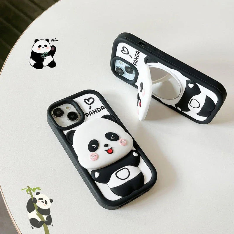 3D Cartoon Cute Panda Silicon Shockproof 360° Protection Case with Mirror Stand - ShopOnCliQ