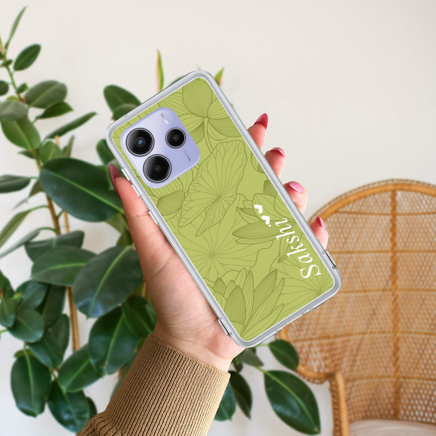 Customized luxury Mint Green leaves Transparent Silicon Case For Redmi/Xiaomi