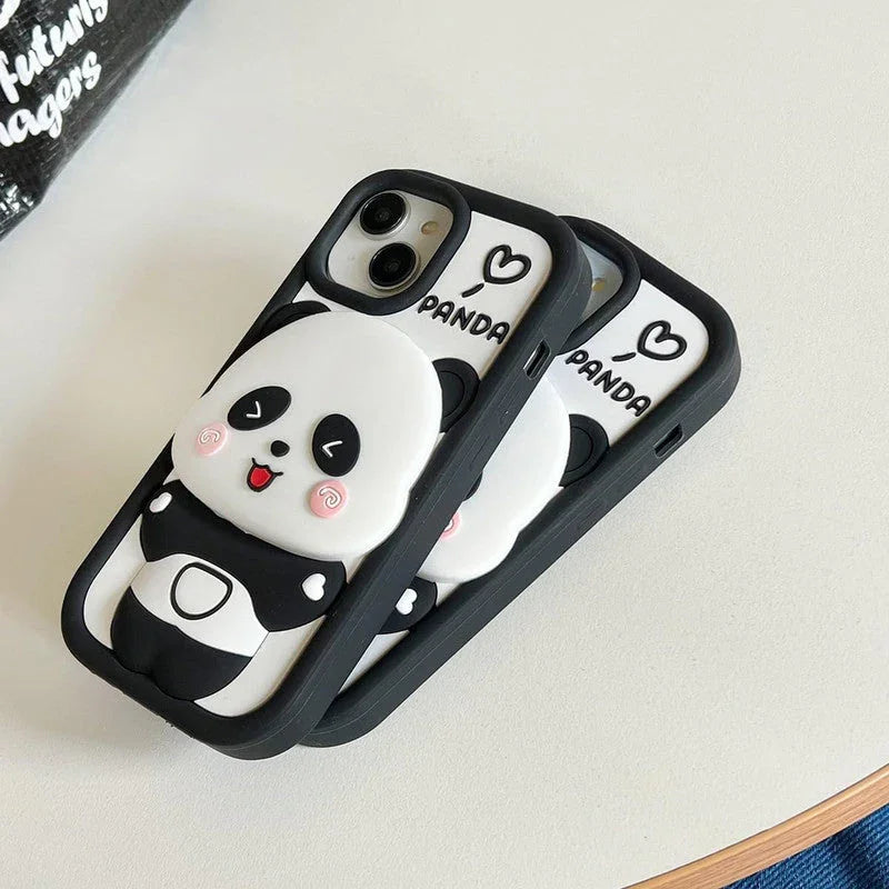 3D Cartoon Cute Panda Silicon Shockproof 360° Protection Case with Mirror Stand - ShopOnCliQ