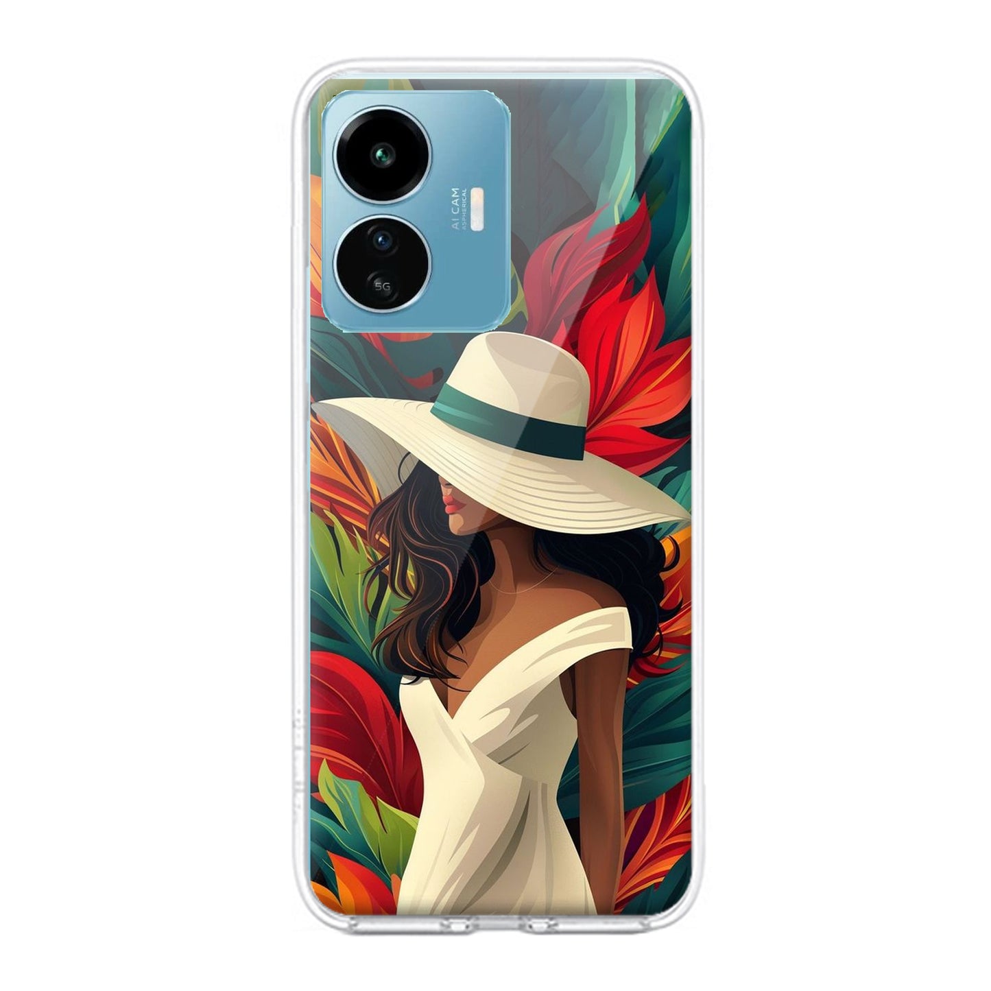 Fashionable Girl Hat Style Tropical Elegance Transparent Silicone Case For iQOO