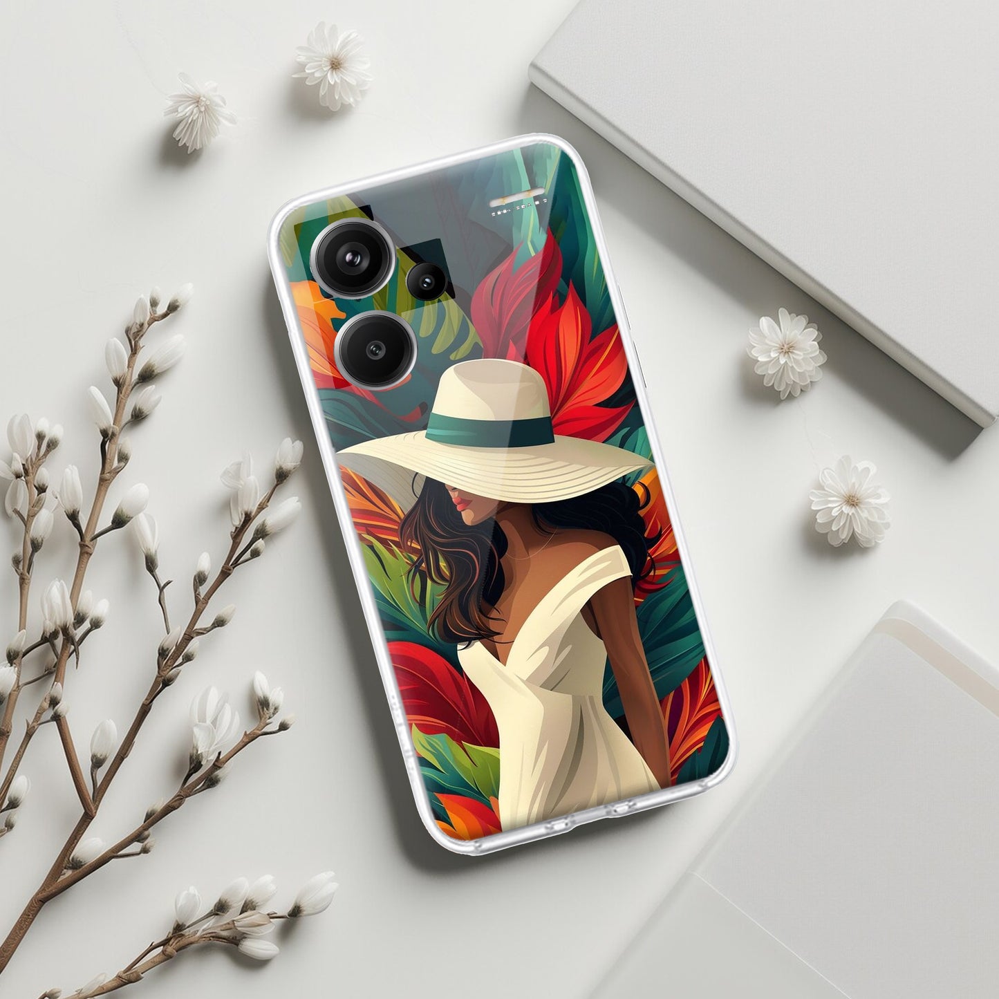 Fashionable Girl Hat Style Tropical Elegance Transparent Silicone Case for Redmi/Xiaomi