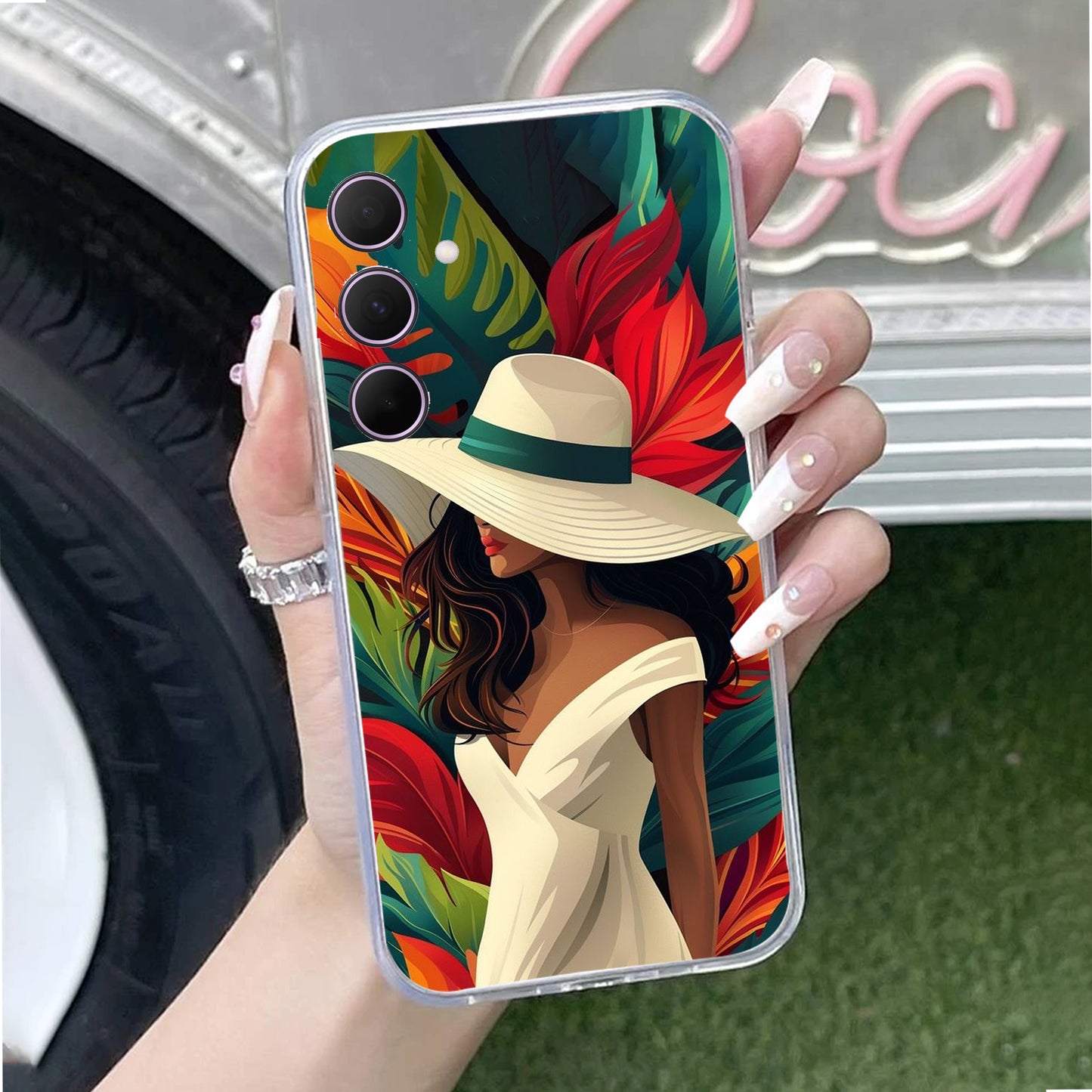 Fashionable Girl Hat Style Tropical Elegance Transparent Silicone Case for Samsung