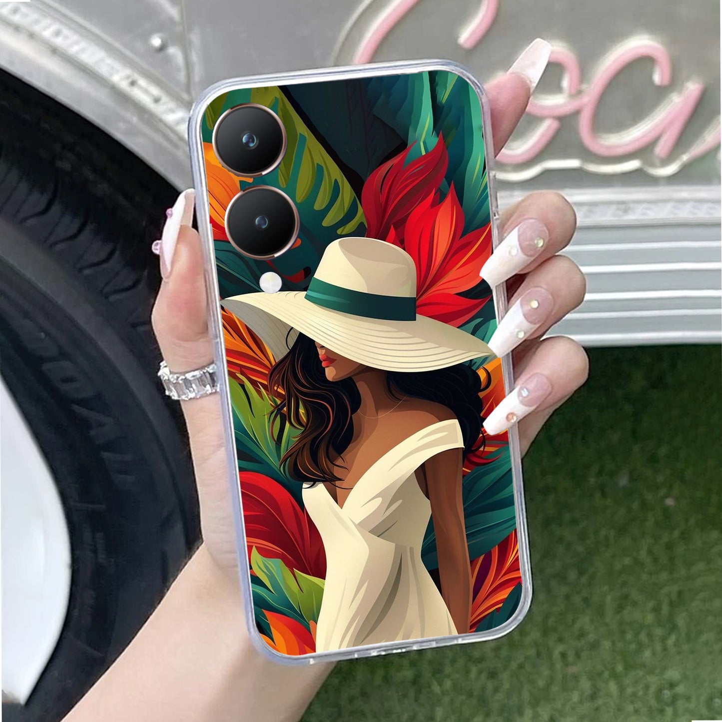 Fashionable Girl Hat Style Tropical Elegance Transparent Silicone Case For Vivo