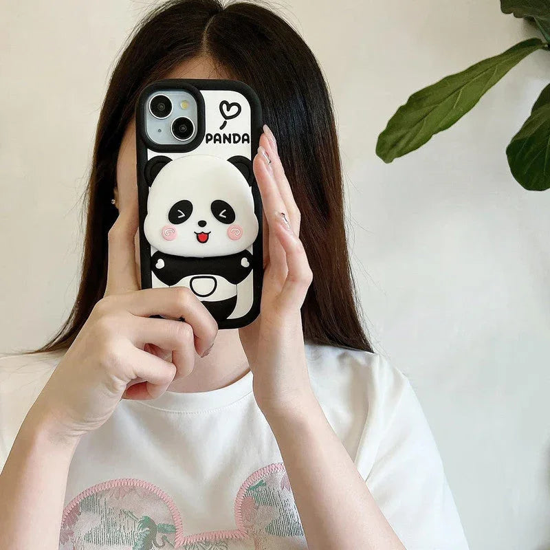 3D Cartoon Cute Panda Silicon Shockproof 360° Protection Case with Mirror Stand - ShopOnCliQ