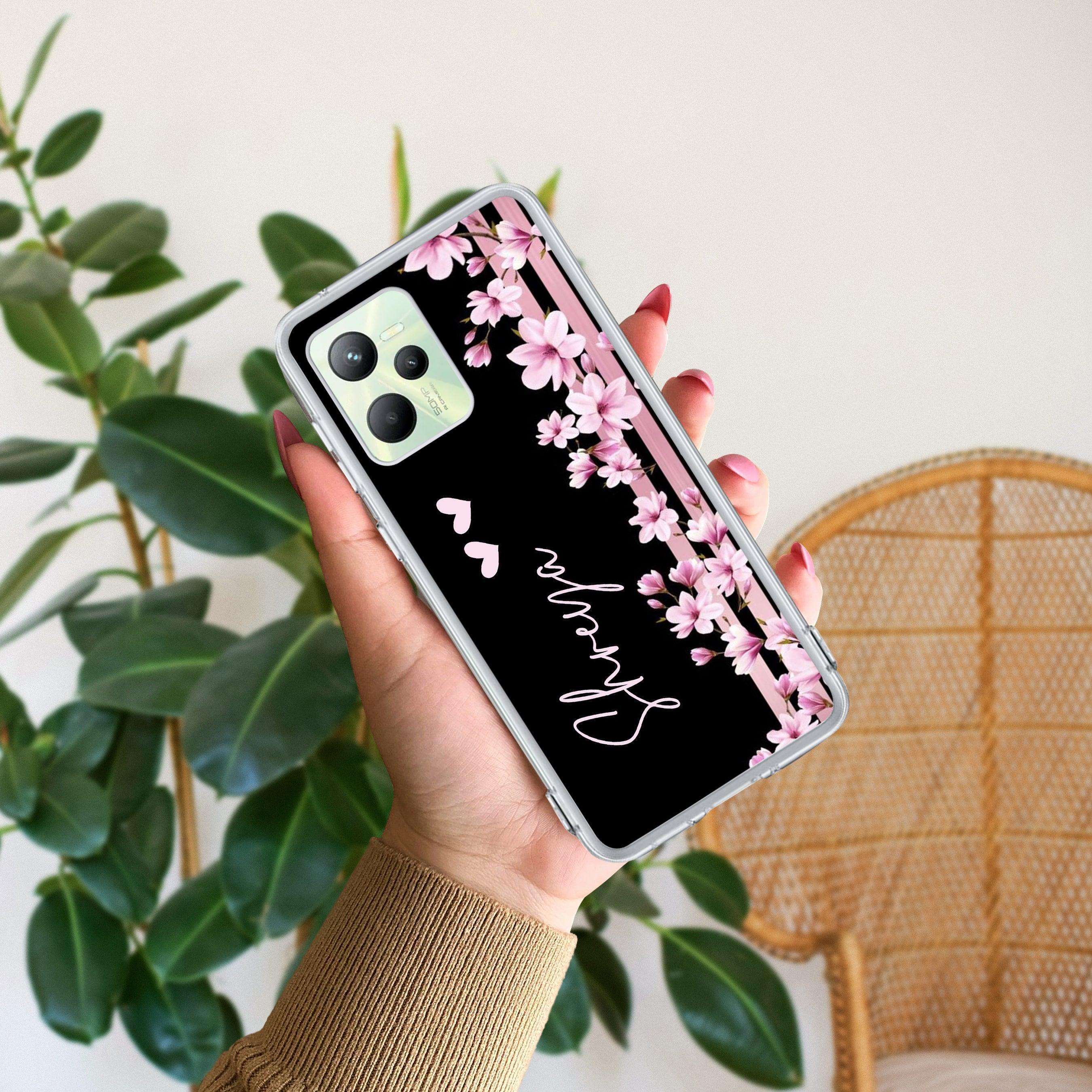 Pink Floral Customize Transparent Silicon Case For Realme C35 / Realme Narzo 50A Prime