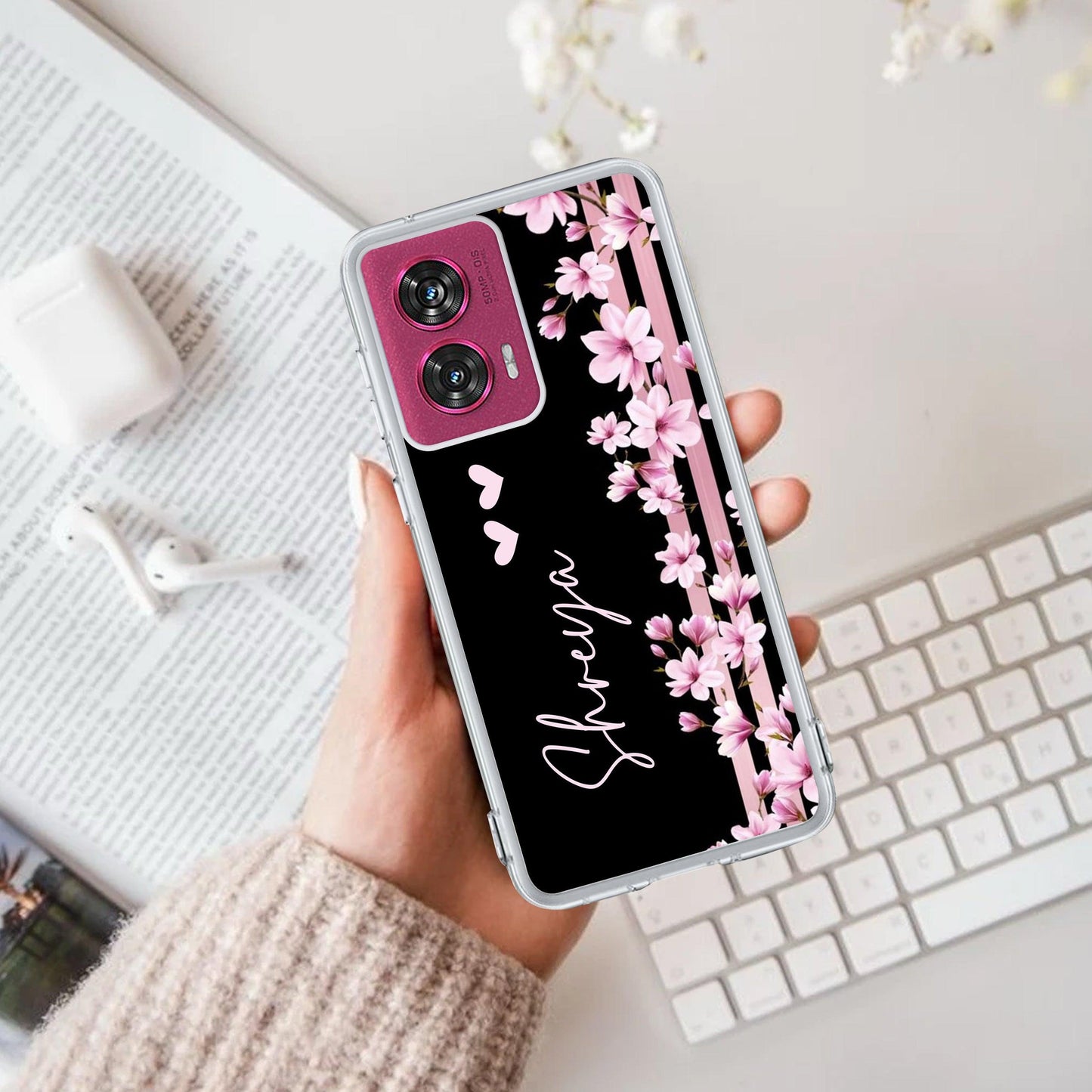 Pink Floral Customize Transparent Silicon Case For Motorola