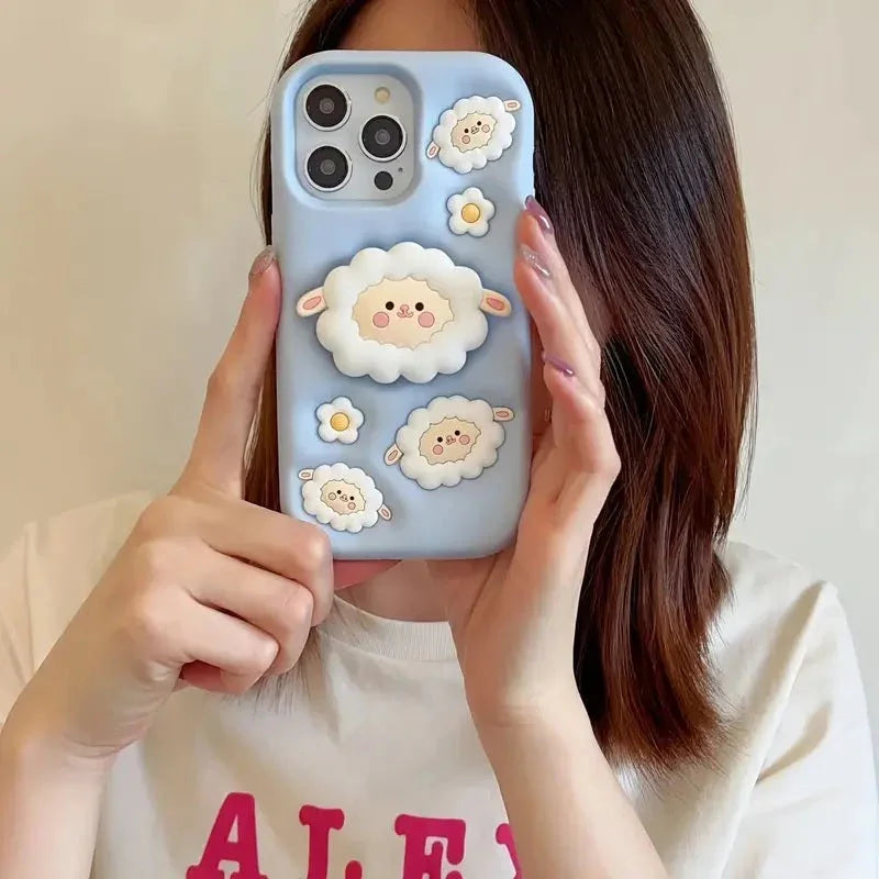 3D Cartoon Sheep Flock Case Funda Cotton Candy Cloud Pop Back Case with Holder - ShopOnCliQ