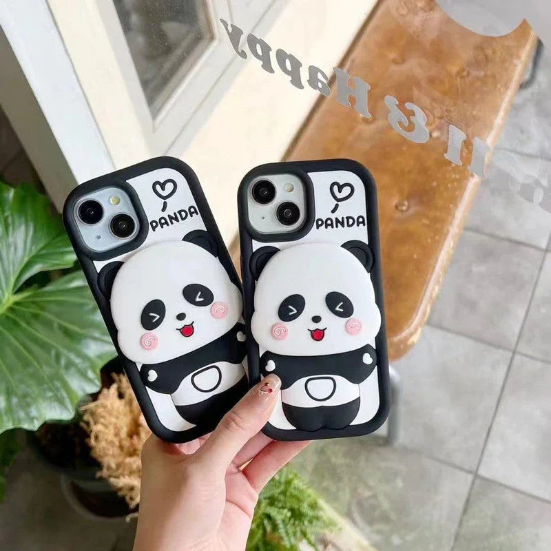 3D Cartoon Cute Panda Silicon Shockproof 360° Protection Case with Mirror Stand - ShopOnCliQ