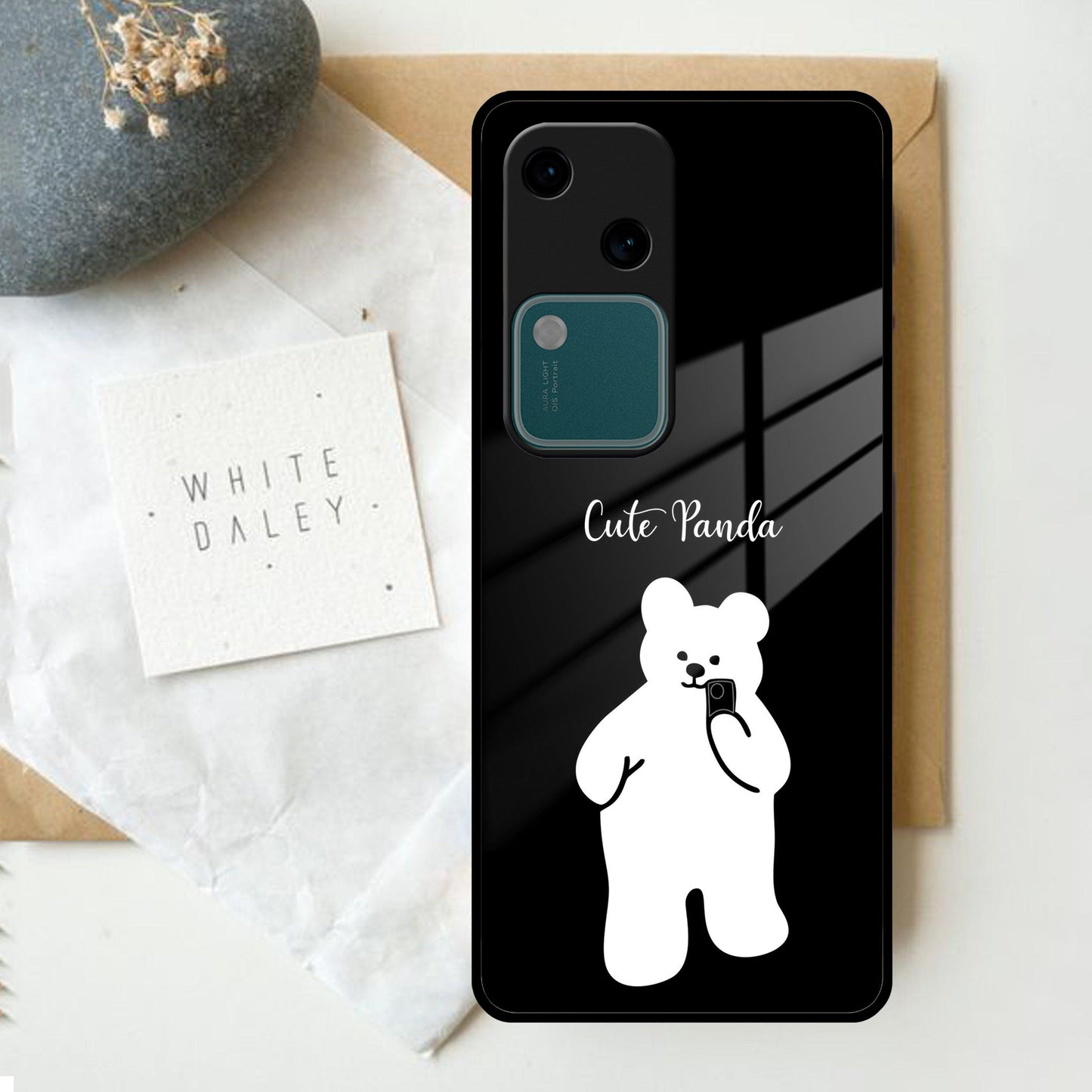 White Panda Glass Case Cover For Vivo