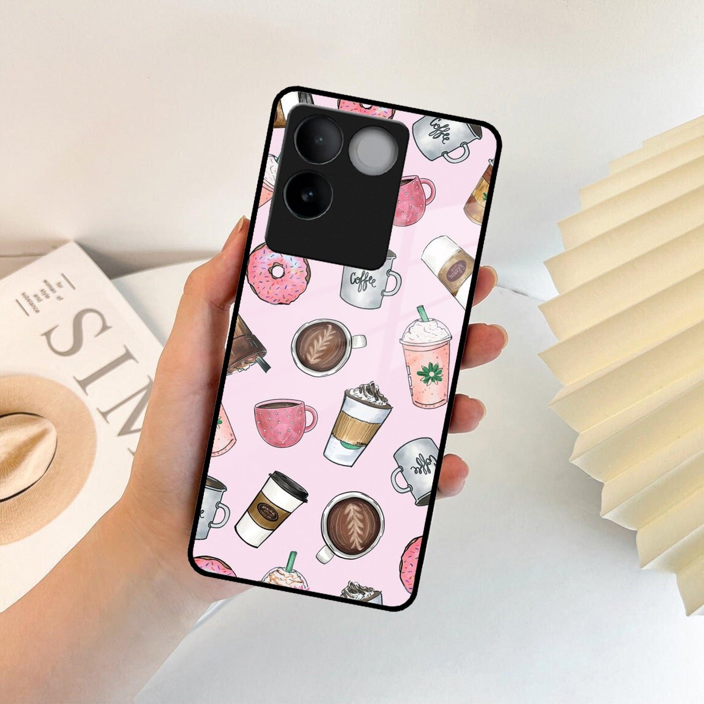 Cute Coffee Snacks Glass Case Cover For Vivo