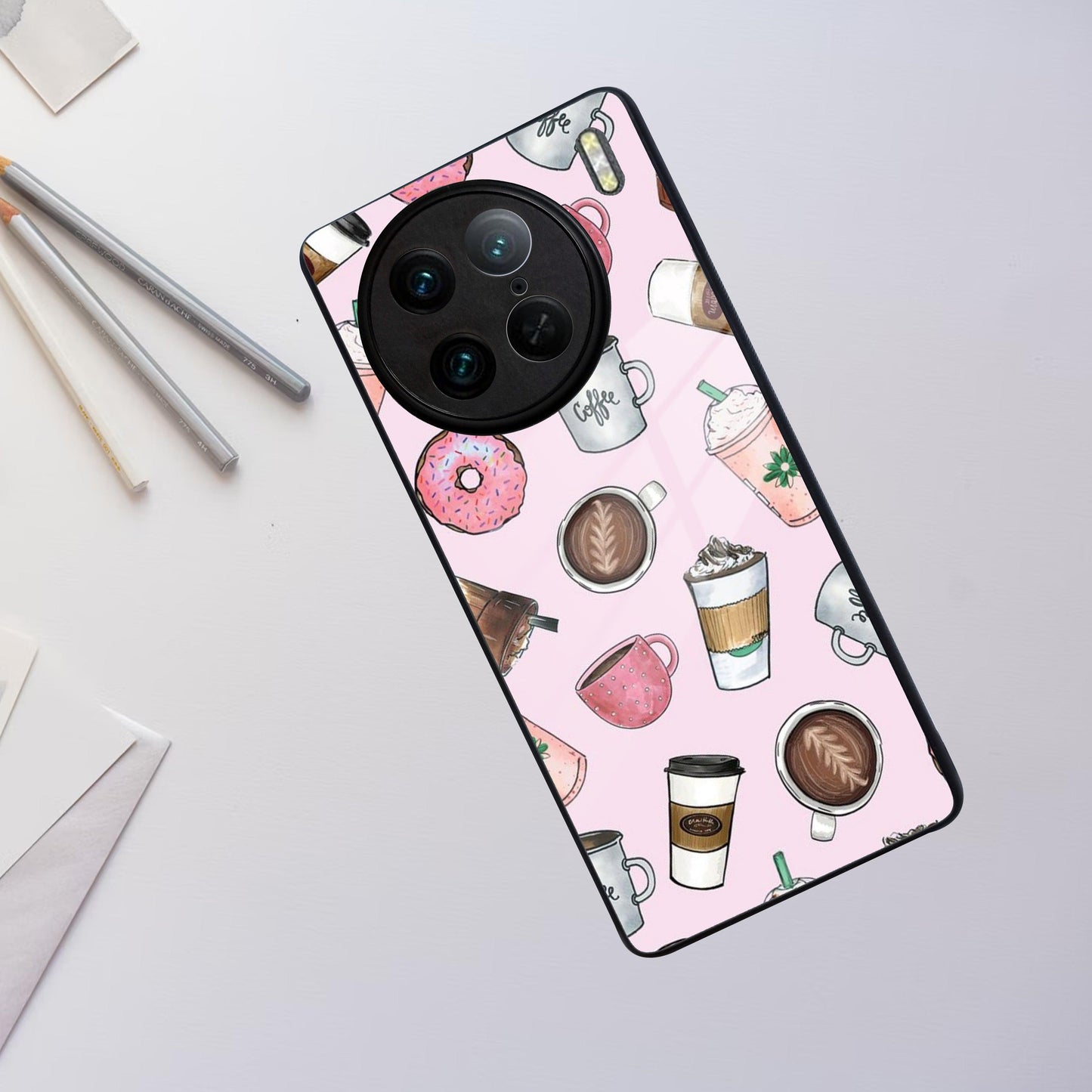 Cute Coffee Snacks Glass Case Cover For Vivo