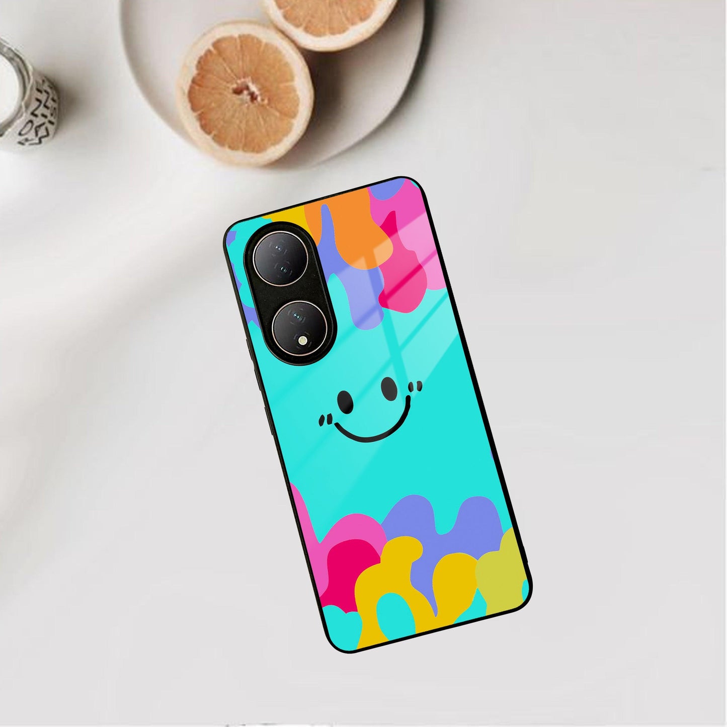 Cute Blue Smiley Multicolor Glass Case For Vivo