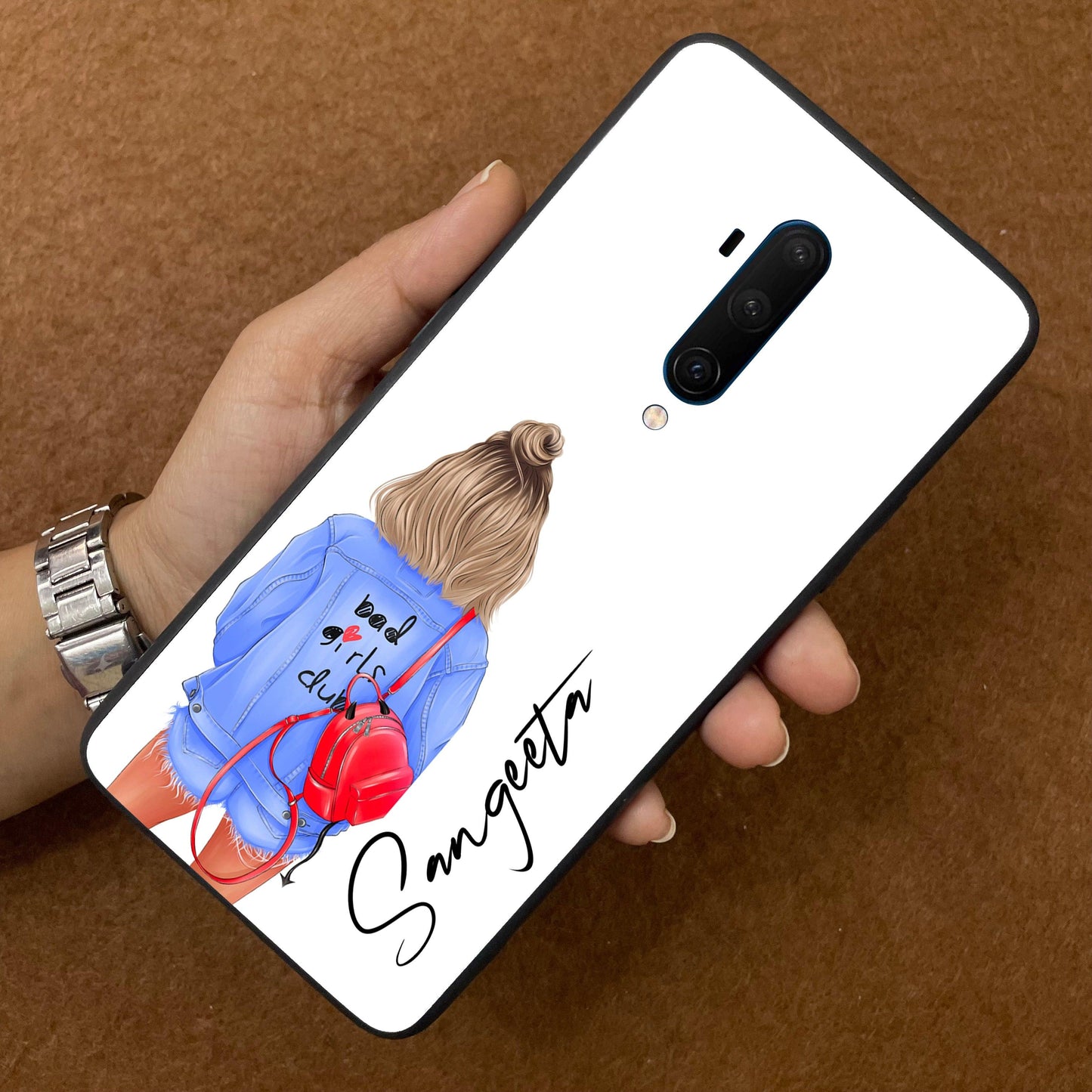 Bag Girl Customize Name Glass Case For OnePlus