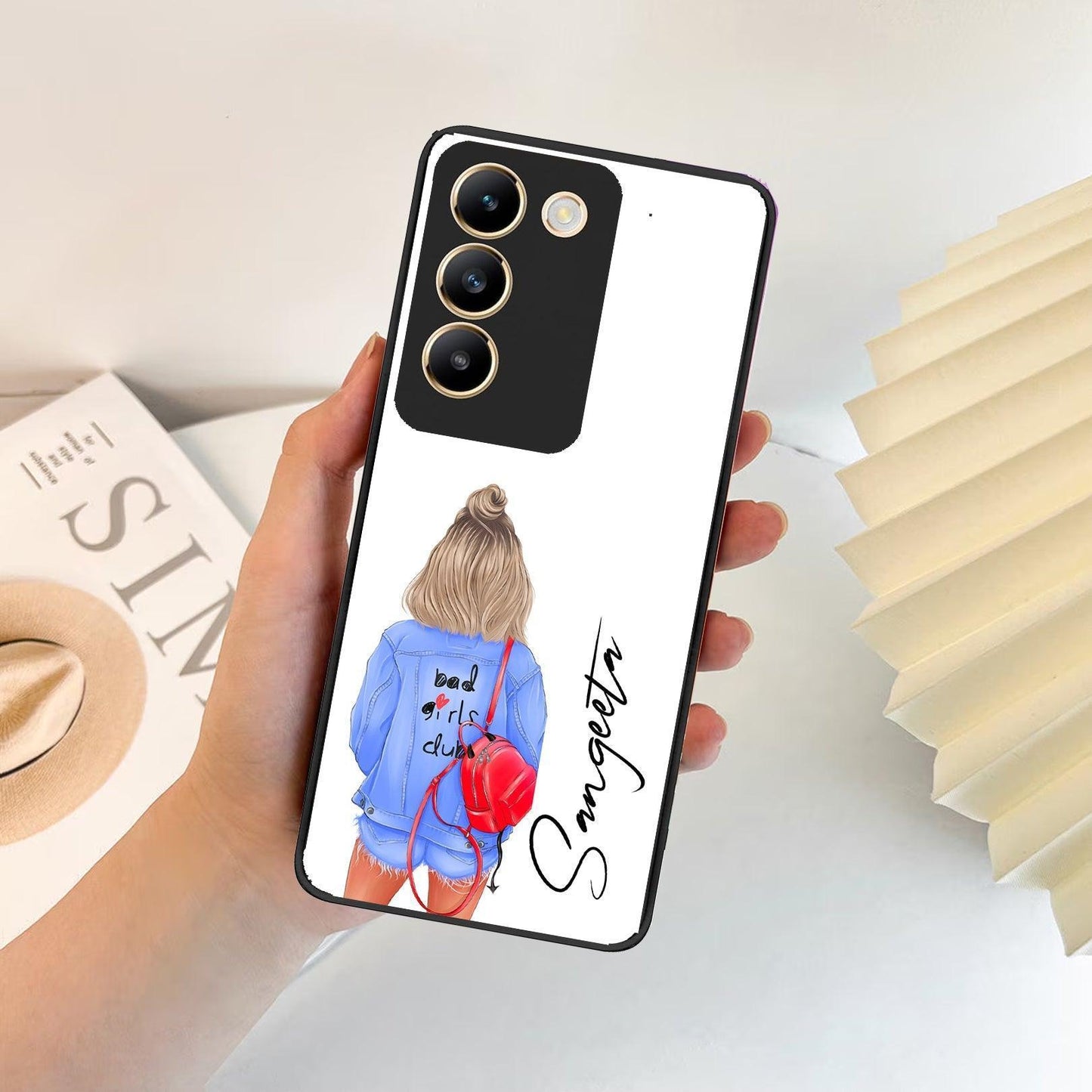 Bag Girl Customize Name Glass Case For iQOO