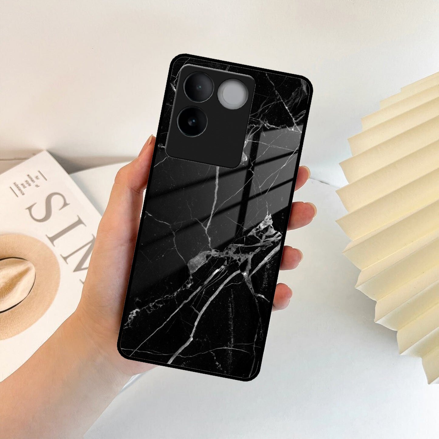 Black Marble Patter Glass Case Cover  For Vivo