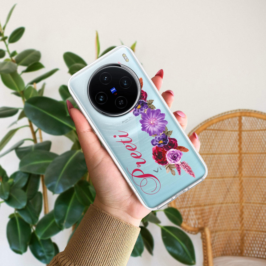 Blue Aster Floral Customize Transparent Silicon Case For Vivo X100 5G
