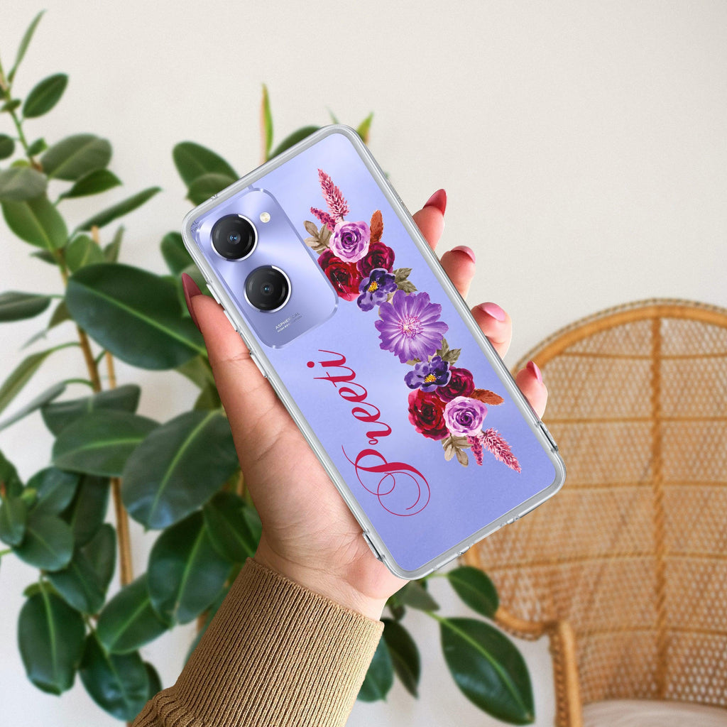 Blue Aster Floral Customize Transparent Silicon Case For Vivo T1 44W