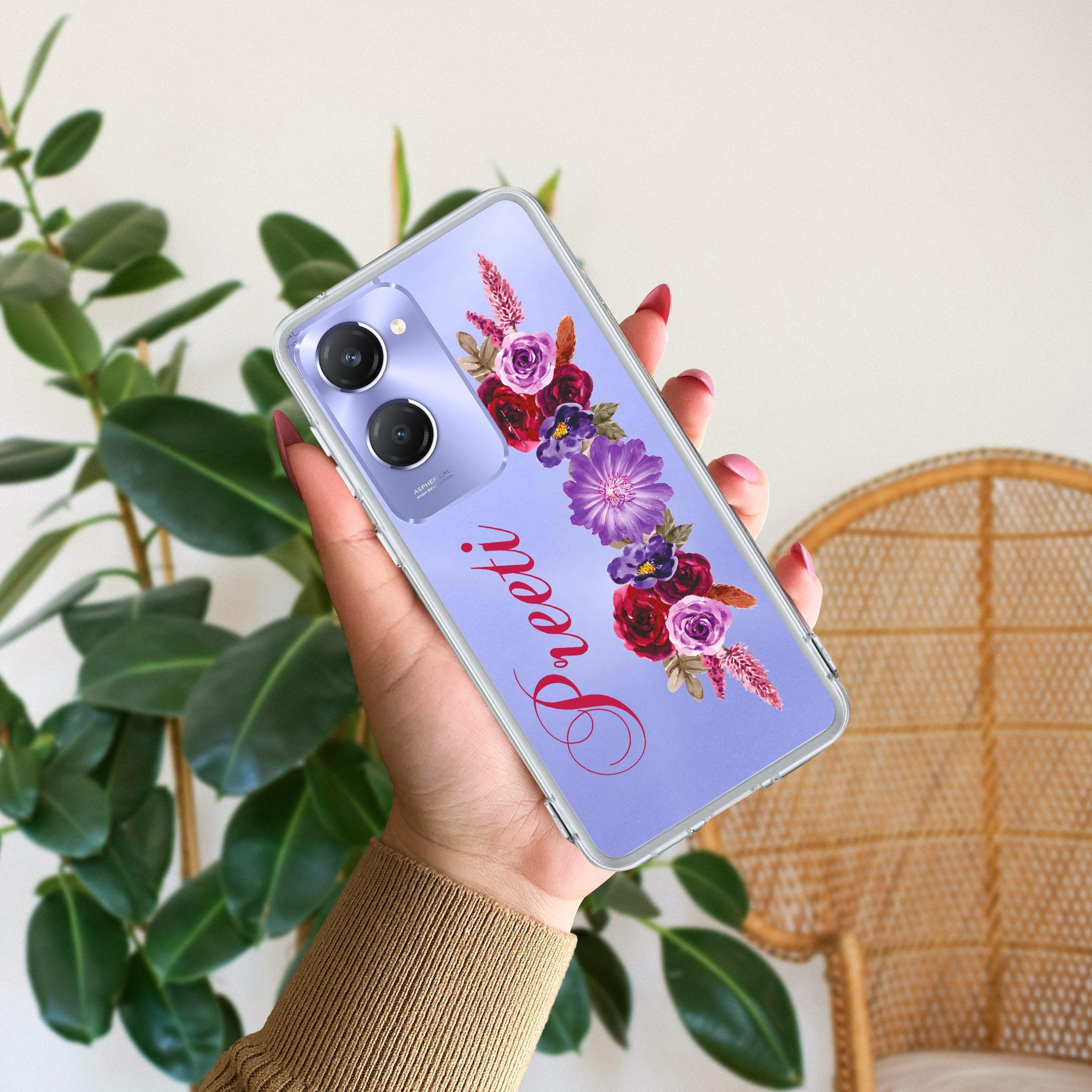 Blue Aster Floral Customize Transparent Silicon Case For Vivo T1 44W