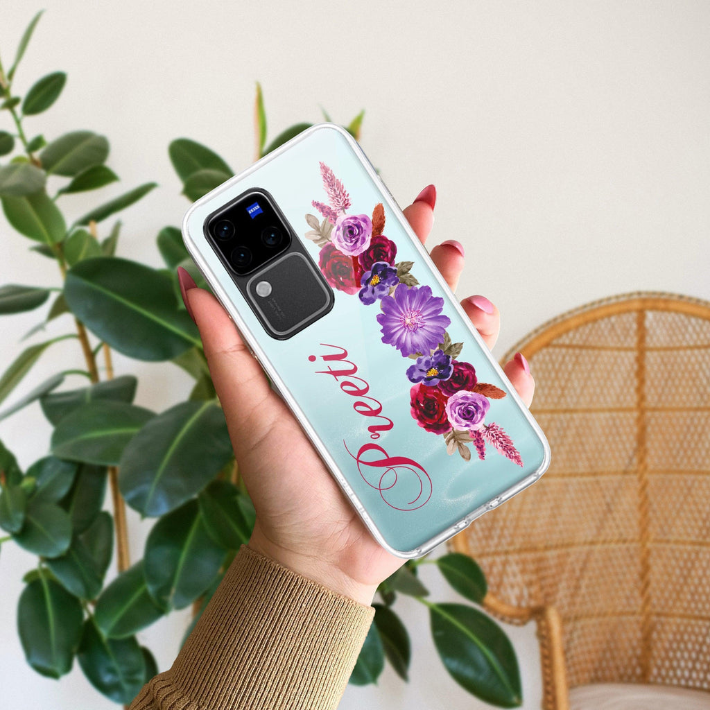 Blue Aster Floral Customize Transparent Silicon Case For Vivo Y28 5G