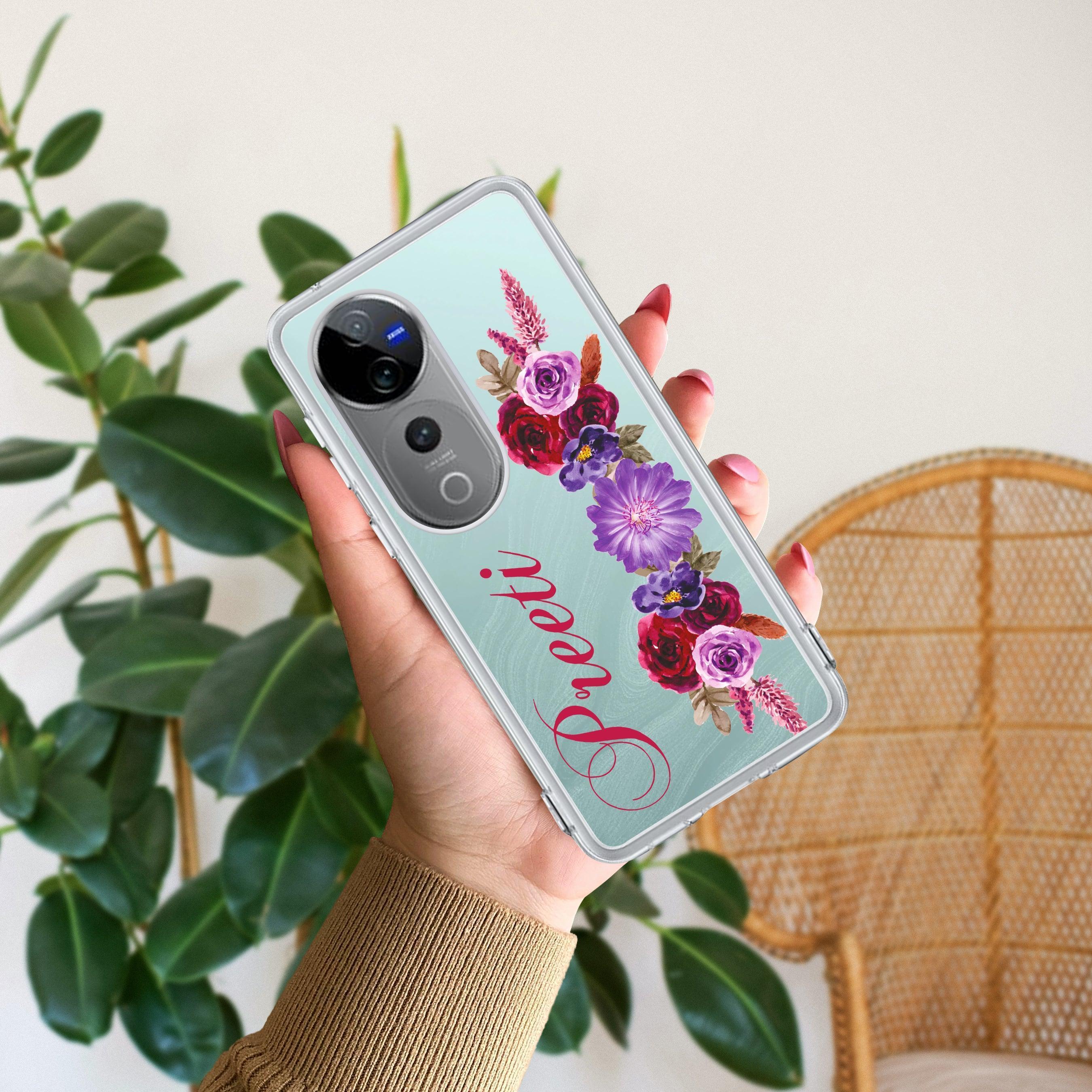 Blue Aster Floral Customize Transparent Silicon Case For Vivo T1 5G