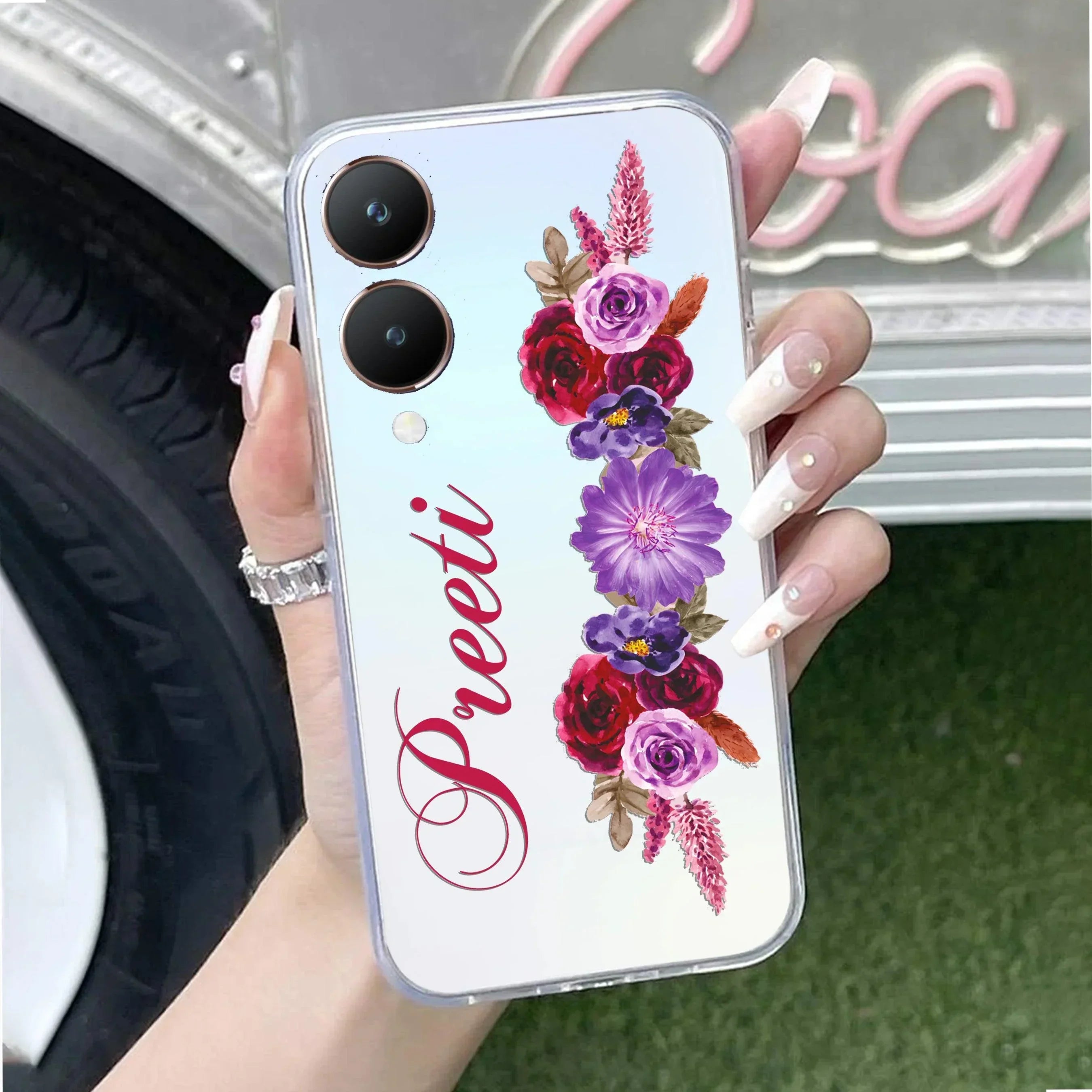 Blue Aster Floral Customize Transparent Silicon Case For Vivo Y28 5G