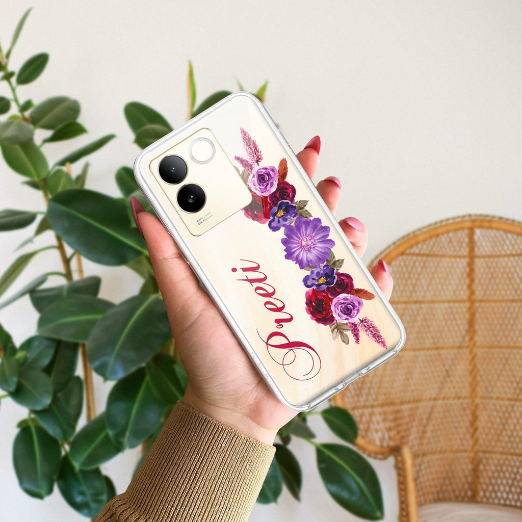Blue Aster Floral Customize Transparent Silicon Case For Vivo Y100 5G /  Vivo Y100A 5G