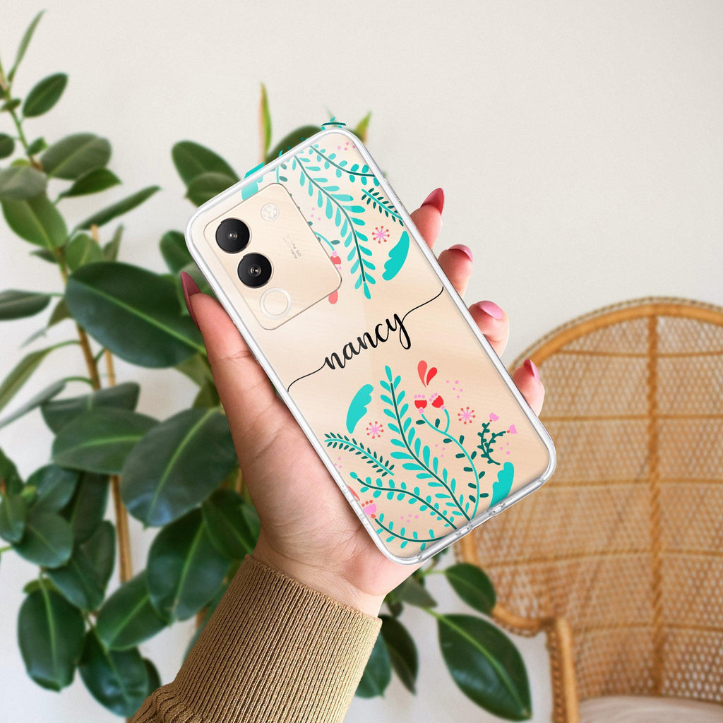 Blue Floral Customize Transparent Silicon Case For Vivo Y35