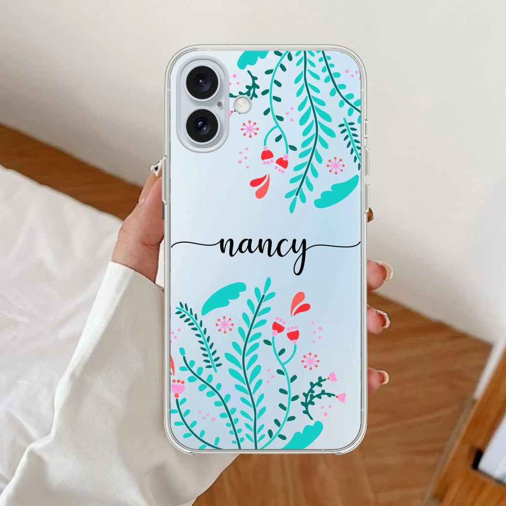 Blue Floral Customize Anti Yellow Clear Case For iPhone 16