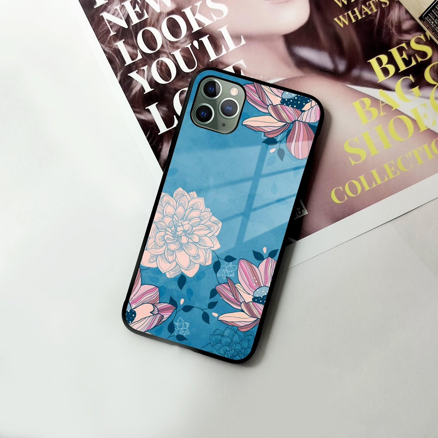 Blue Flower Glass Case Cover For iPhone