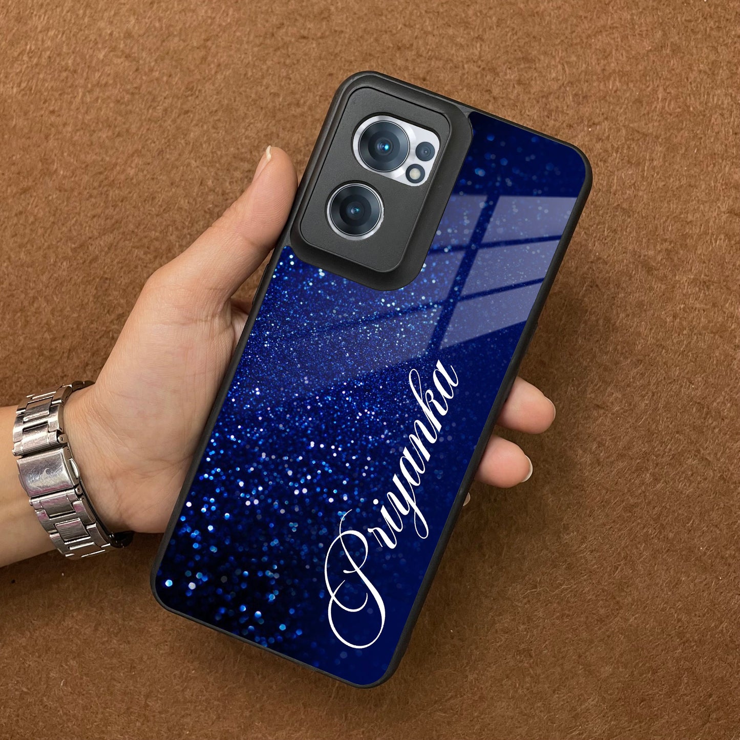 Blue Glitter Customize Glass Case Cover For Oneplus