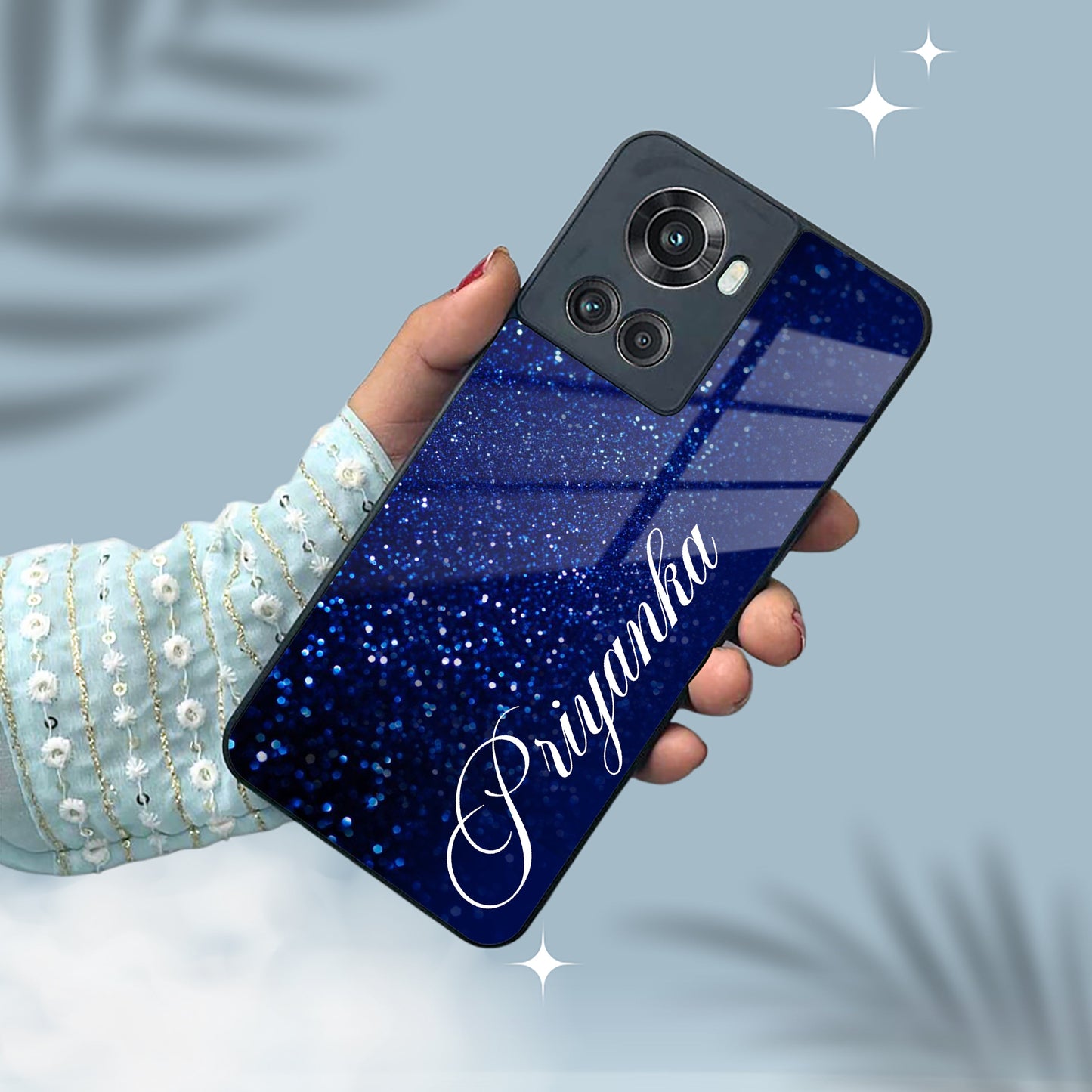 Blue Glitter Customize Glass Case Cover For Oneplus