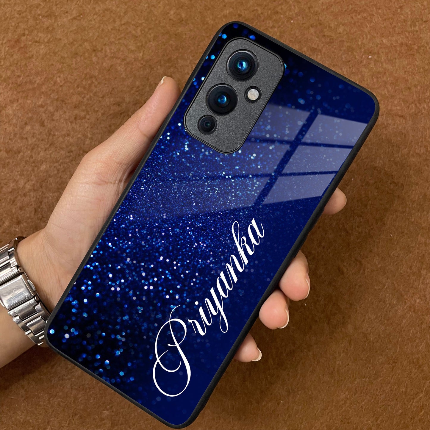 Blue Glitter Customize Glass Case Cover For Oneplus