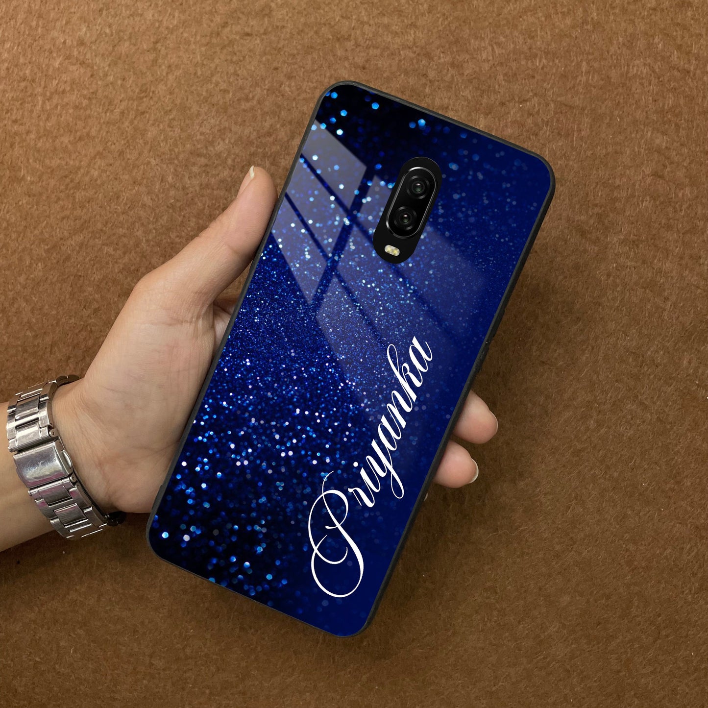 Blue Glitter Customize Glass Case Cover For Oneplus