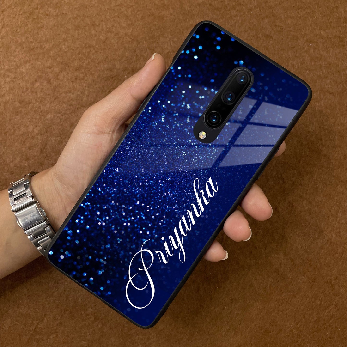 Blue Glitter Customize Glass Case Cover For Oneplus